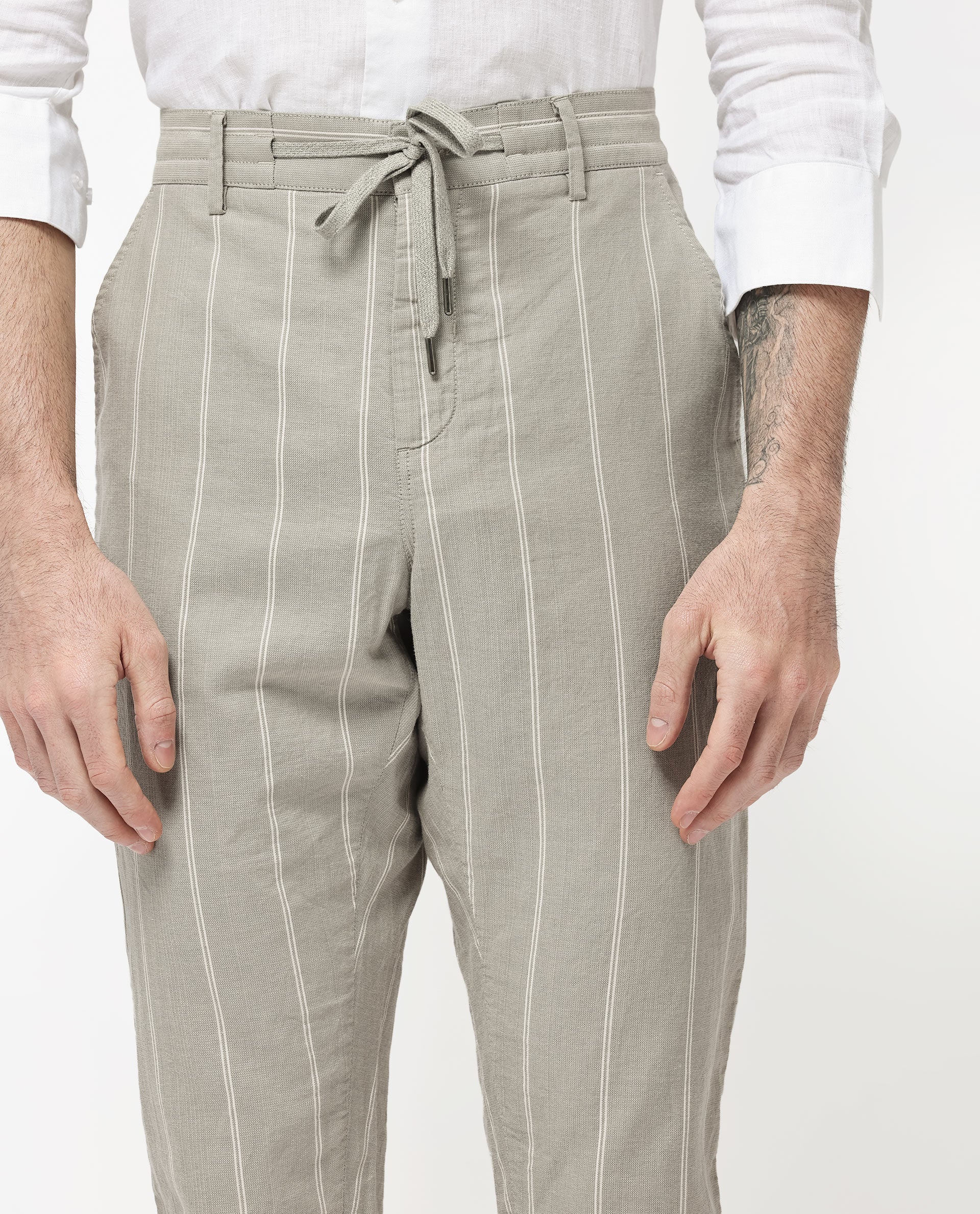 Rare Rabbit Men's Canal Grey Cotton Striped Print Regular Fit Trouser