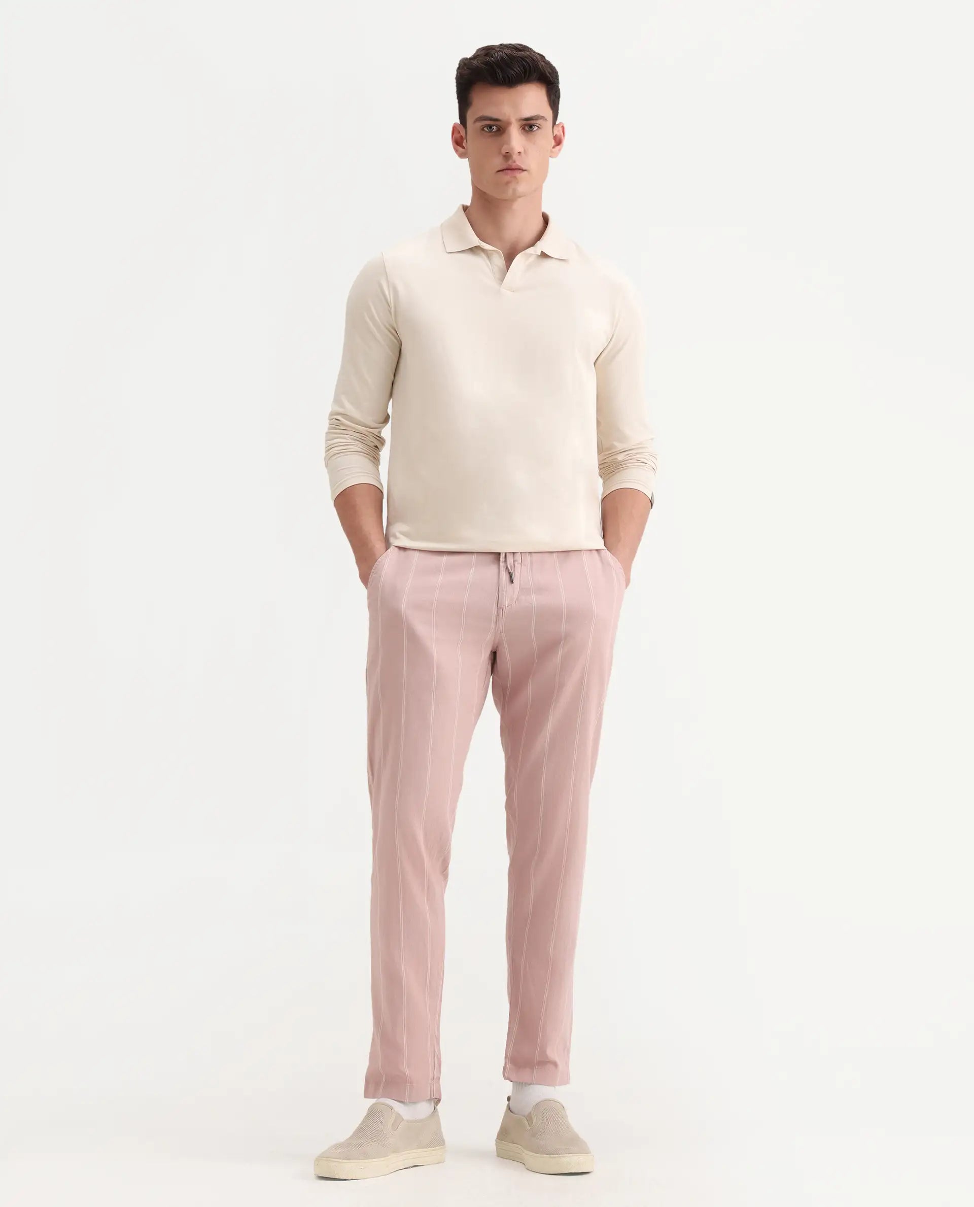 Rare Rabbit Men's Canal Grey Cotton Striped Print Regular Fit Trouser