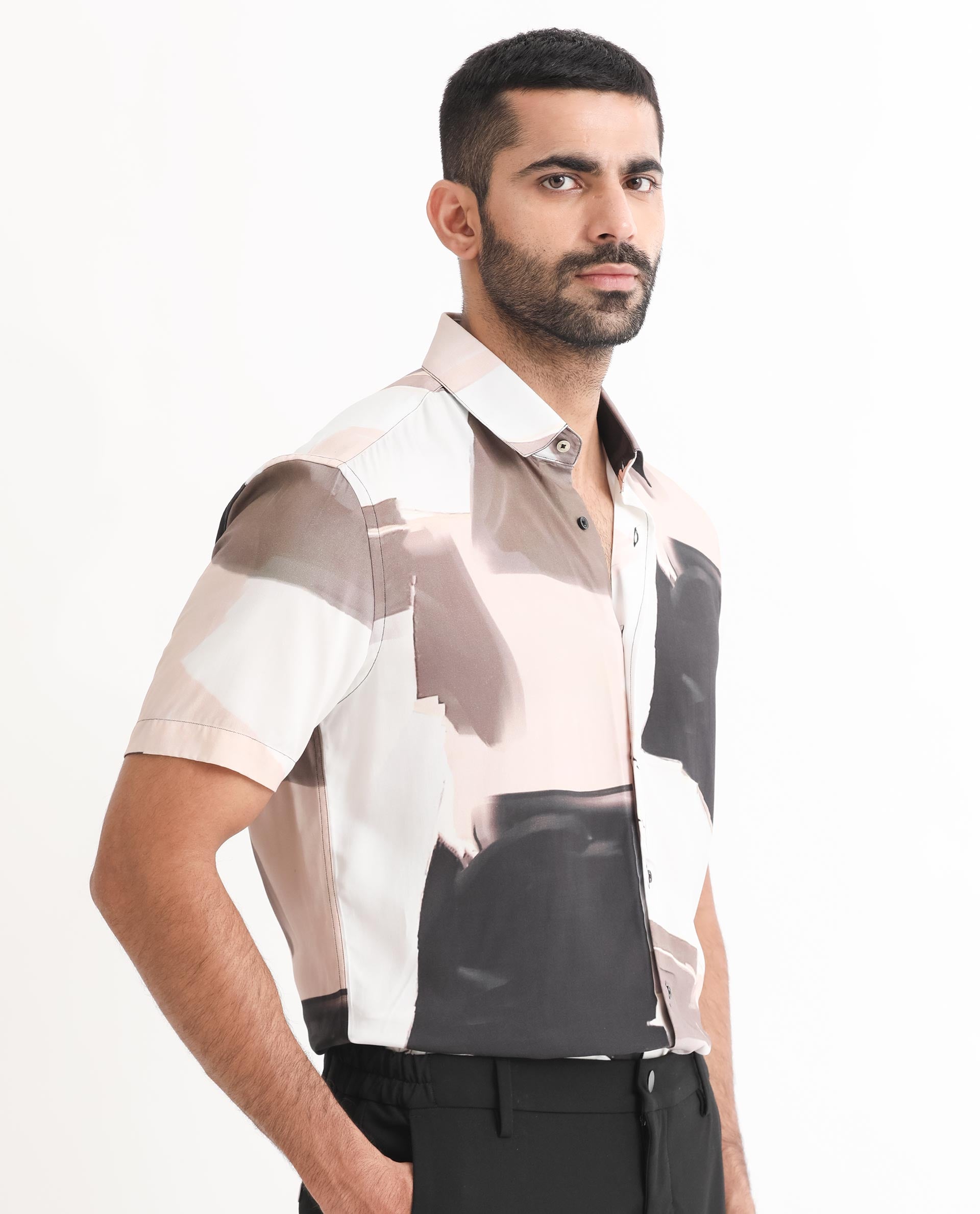 Rare Rabbit Men's Canvas Beige Viscose Abstract Print Regular Fit Half Sleeve Collared Shirt