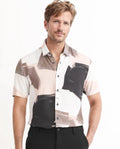 Rare Rabbit Men's Canvas Beige Viscose Abstract Print Regular Fit Half Sleeve Collared Shirt