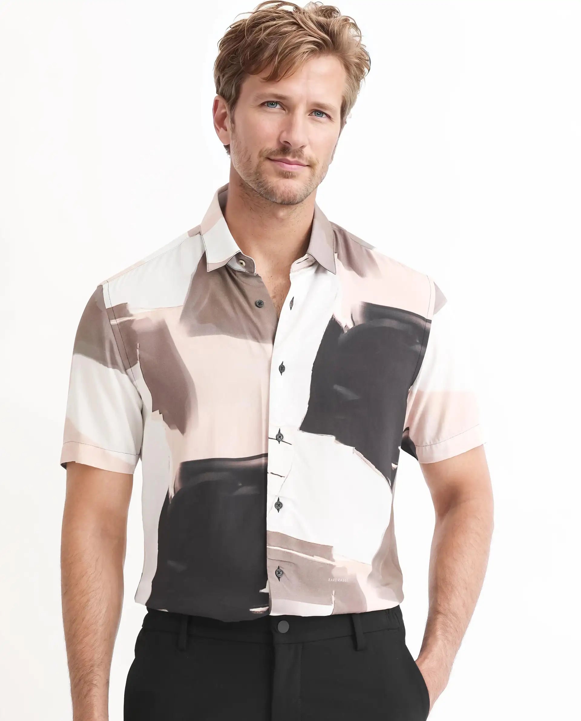 Rare Rabbit Men's Canvas Beige Viscose Abstract Print Regular Fit Half Sleeve Collared Shirt