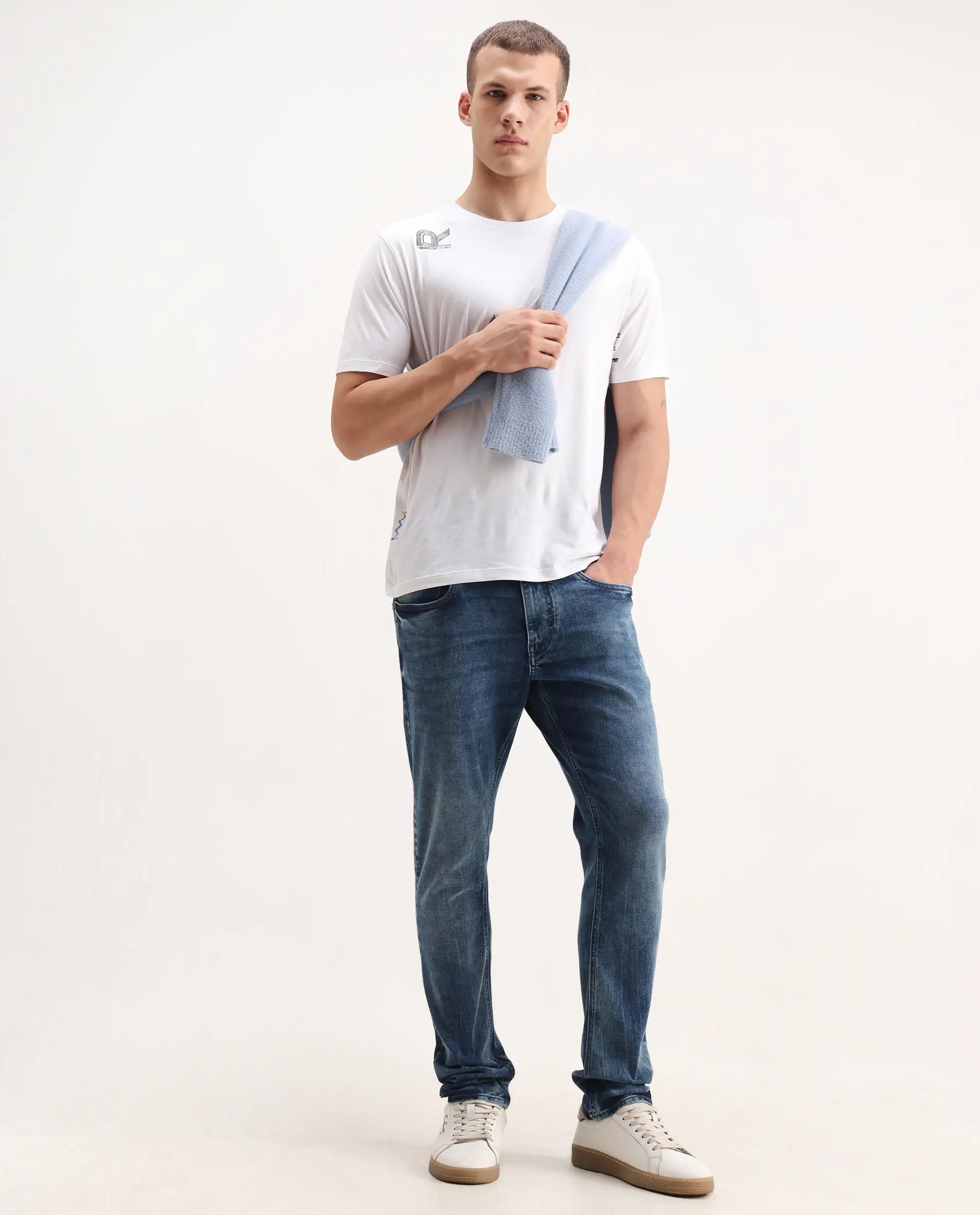 Rare Rabbit Men's Cast Blue Cotton Blend Plain Hawk Slim Fit Jeans