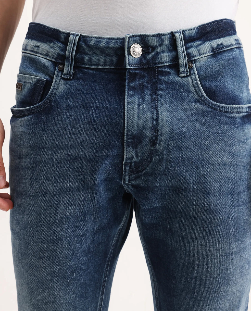 Rare Rabbit Men's Cast Blue Cotton Blend Plain Hawk Slim Fit Jeans
