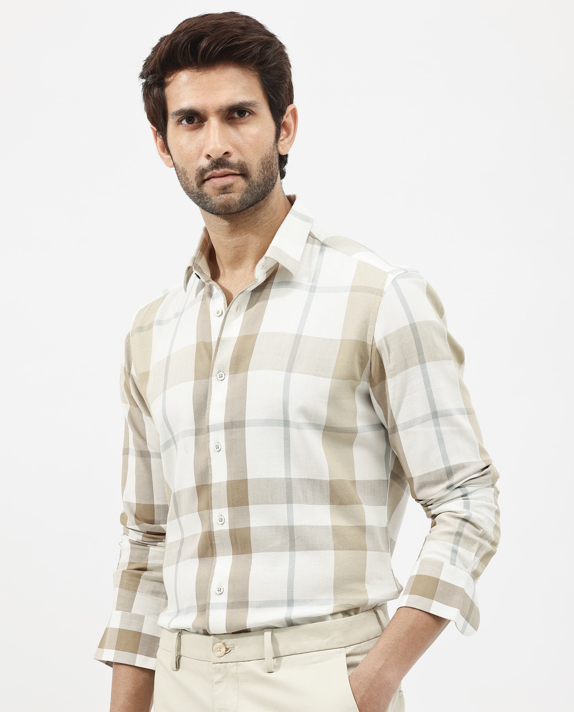 Rare Rabbit Men's Cavours Beige Cotton Checked Print Regular Fit Full Sleeve Collared Shirt