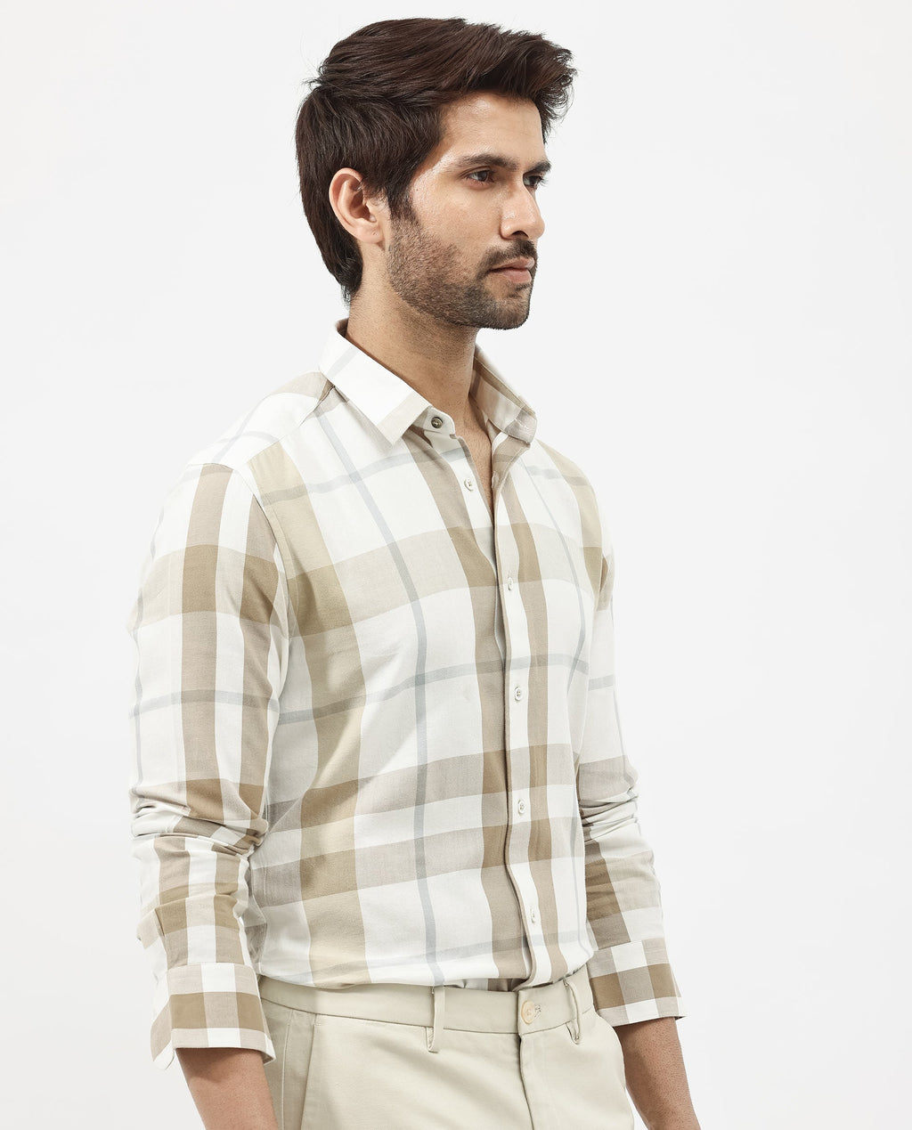 Rare Rabbit Men's Cavours Beige Cotton Checked Print Regular Fit Full Sleeve Collared Shirt
