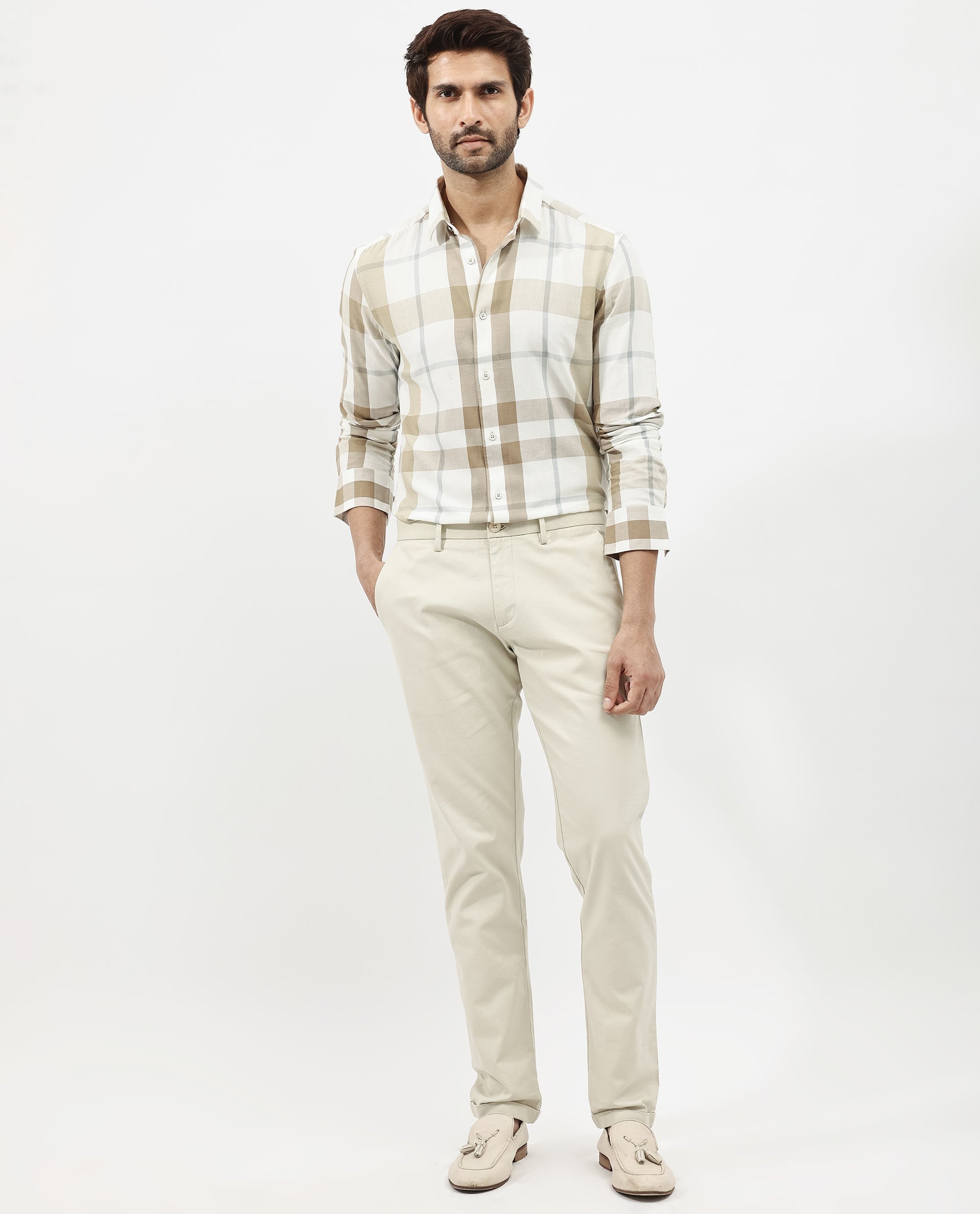 Rare Rabbit Men's Cavours Beige Cotton Checked Print Regular Fit Full Sleeve Collared Shirt
