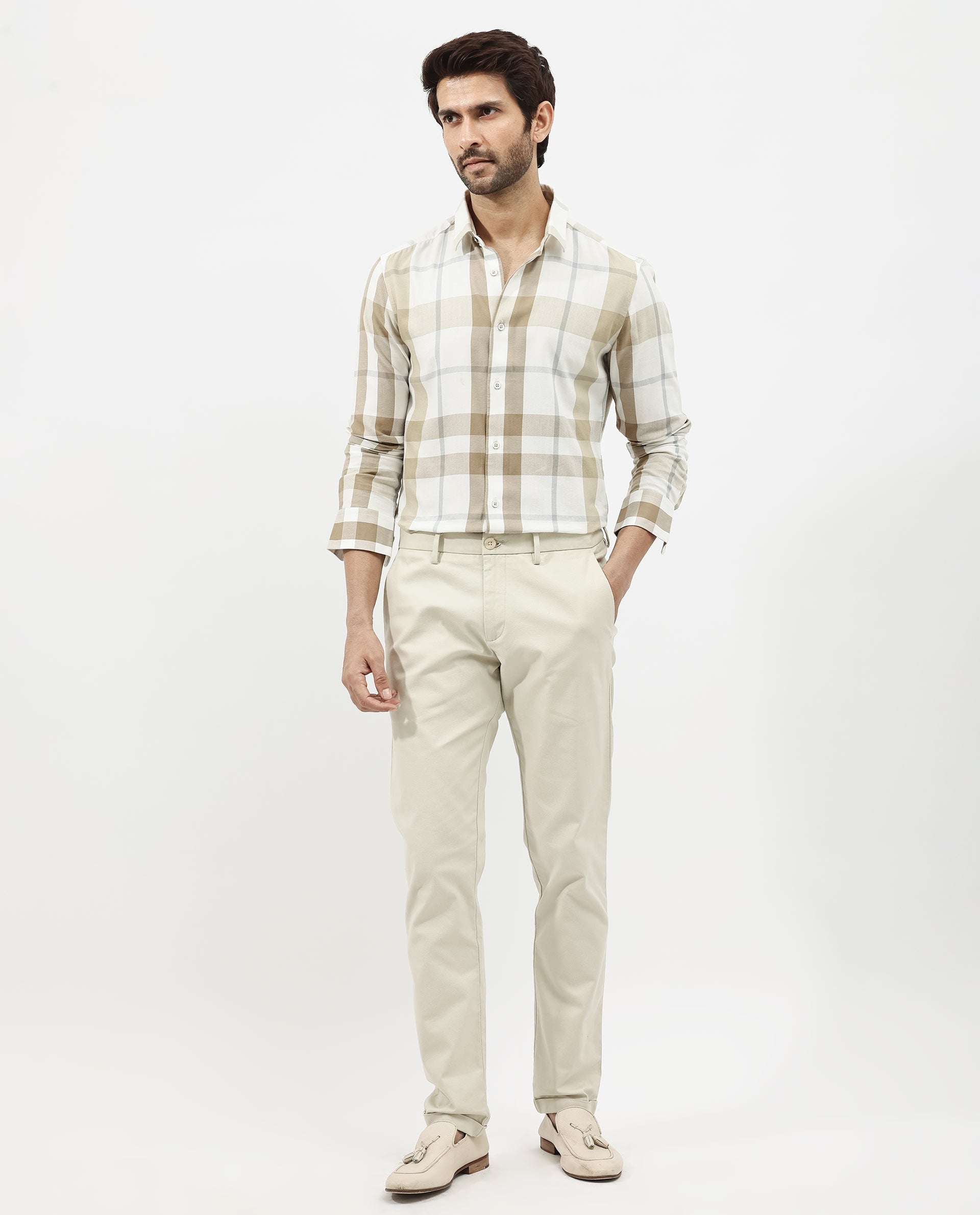 Rare Rabbit Men's Cavours Beige Cotton Checked Print Regular Fit Full Sleeve Collared Shirt