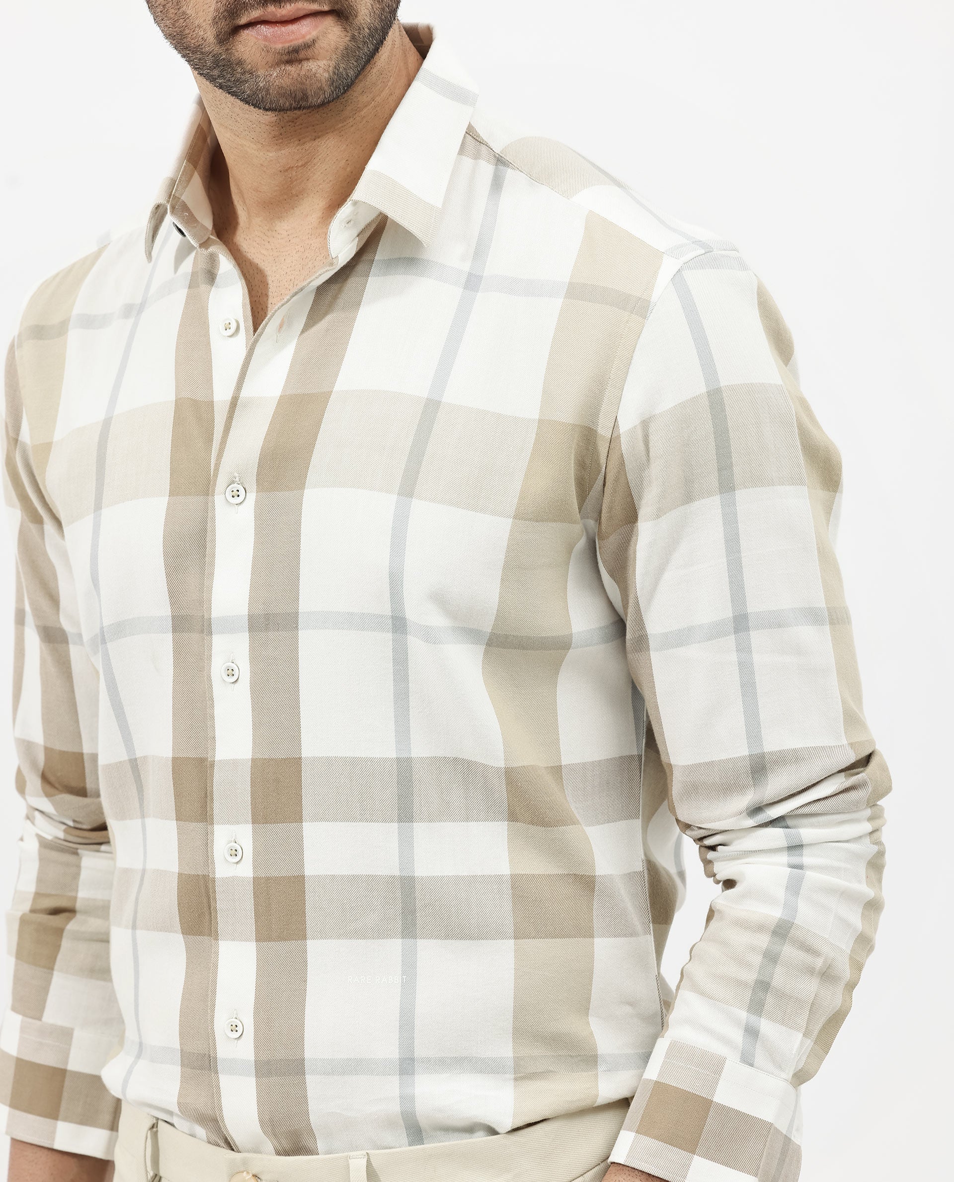 Rare Rabbit Men's Cavours Beige Cotton Checked Print Regular Fit Full Sleeve Collared Shirt