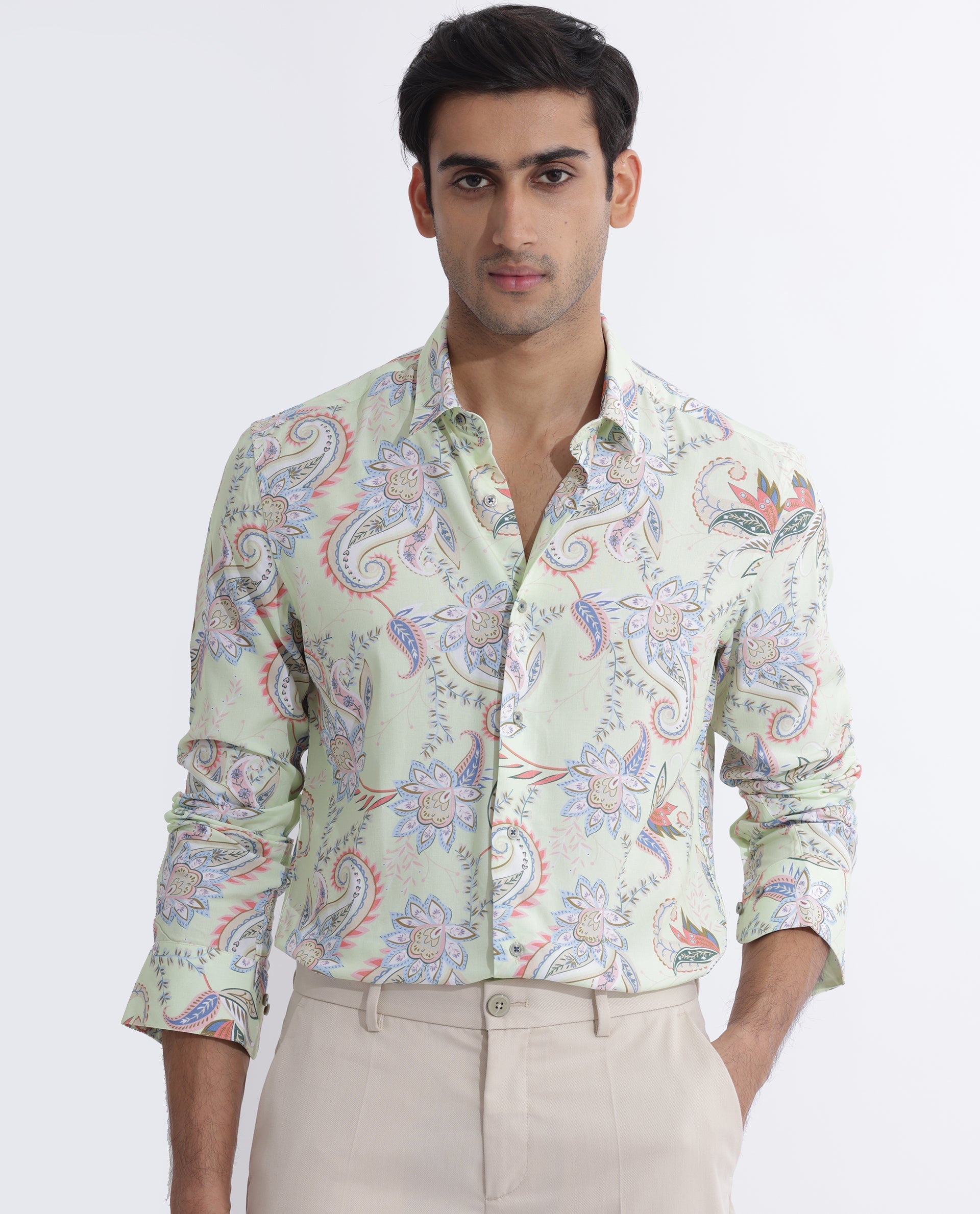 Rare Rabbit Men's Cecilia Green Viscose Paisley Print Regular Fit Full Sleeve Collared Shirt