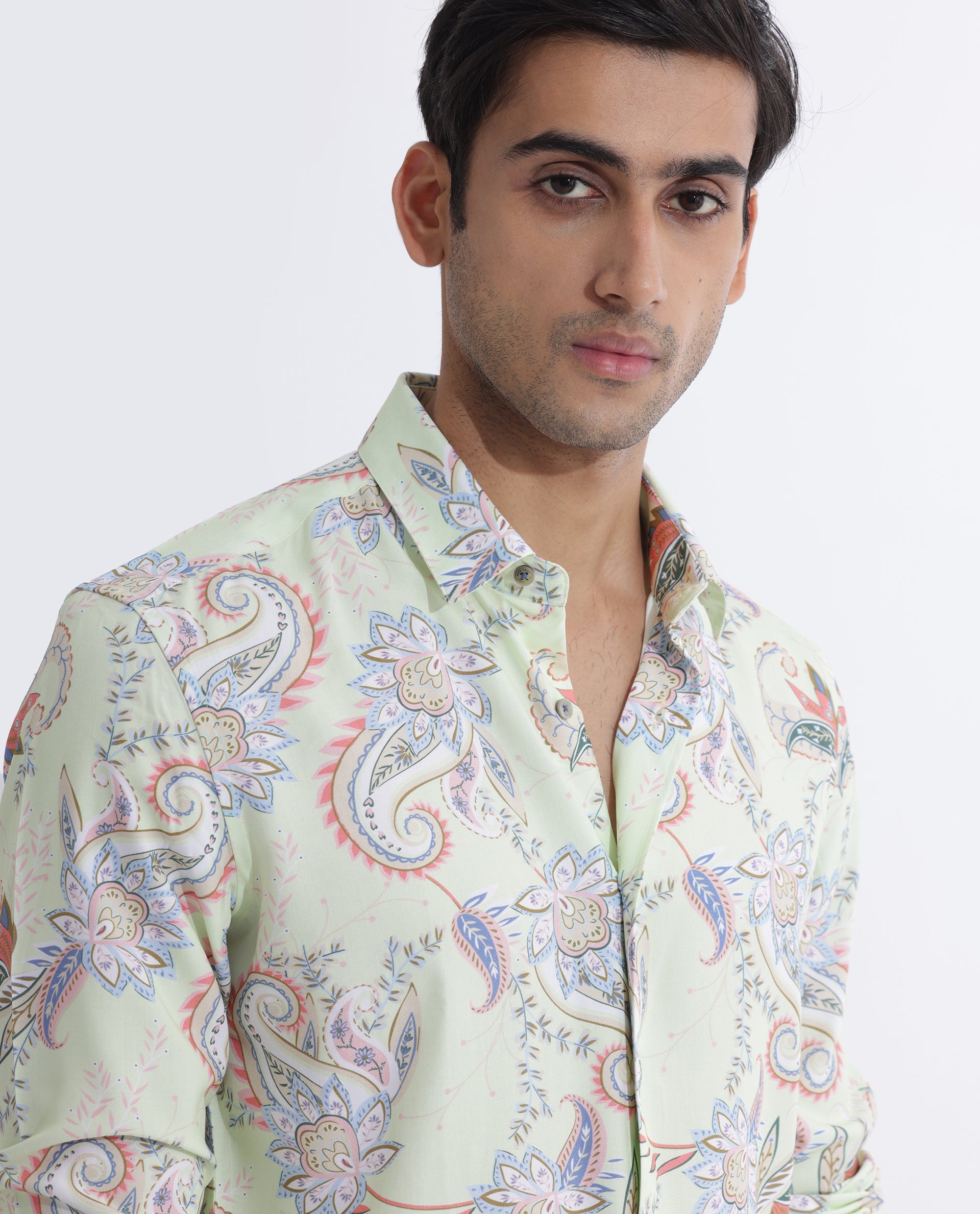 Rare Rabbit Men's Cecilia Green Viscose Paisley Print Regular Fit Full Sleeve Collared Shirt