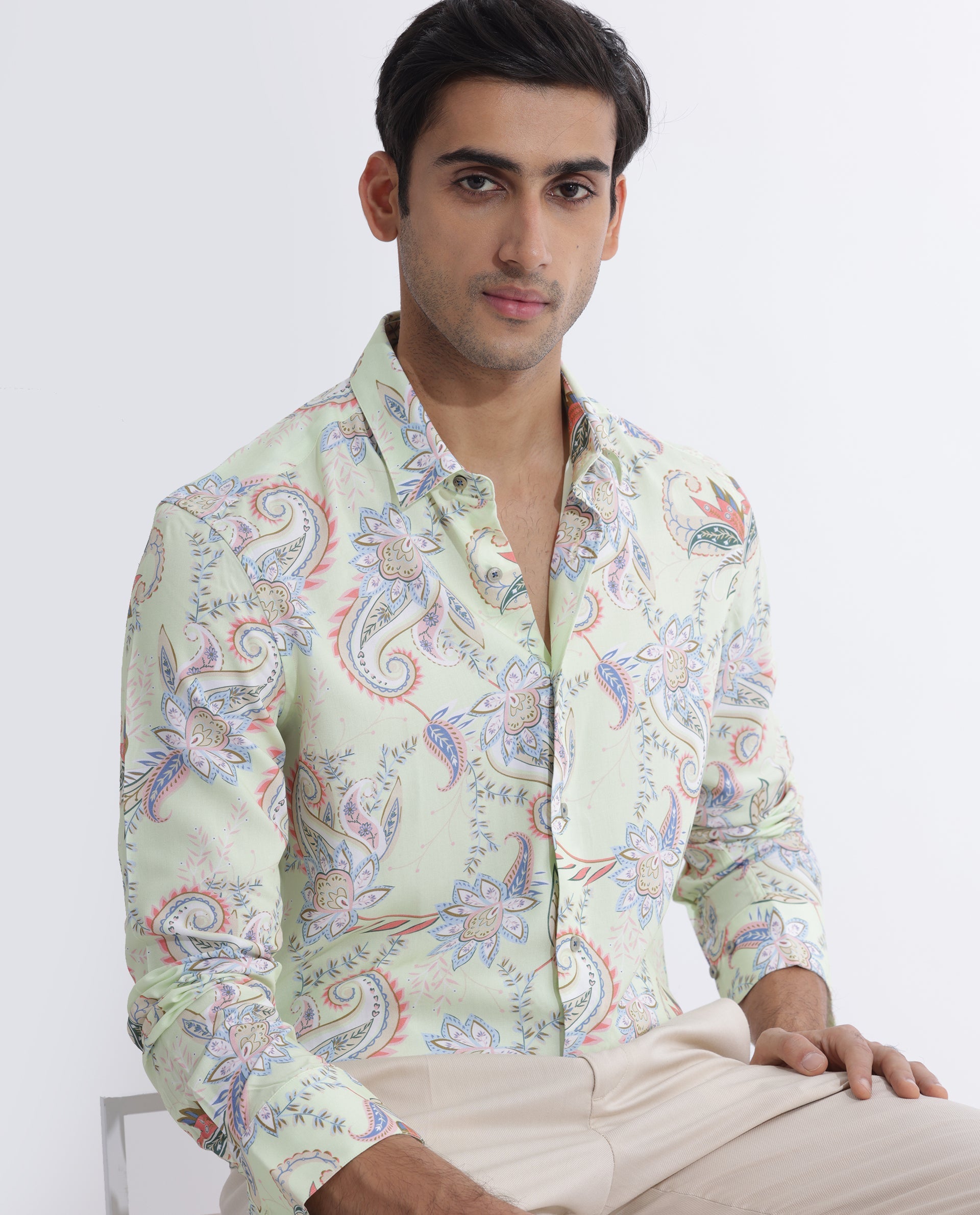 Rare Rabbit Men's Cecilia Green Viscose Paisley Print Regular Fit Full Sleeve Collared Shirt