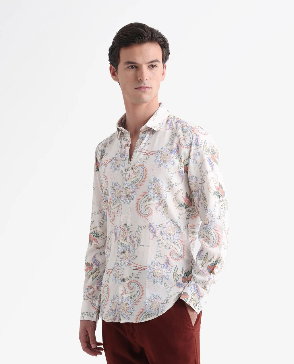 Rare Rabbit Men's Cecilia Off White Viscose Paisley Print Regular Fit Full Sleeve Collared Shirt