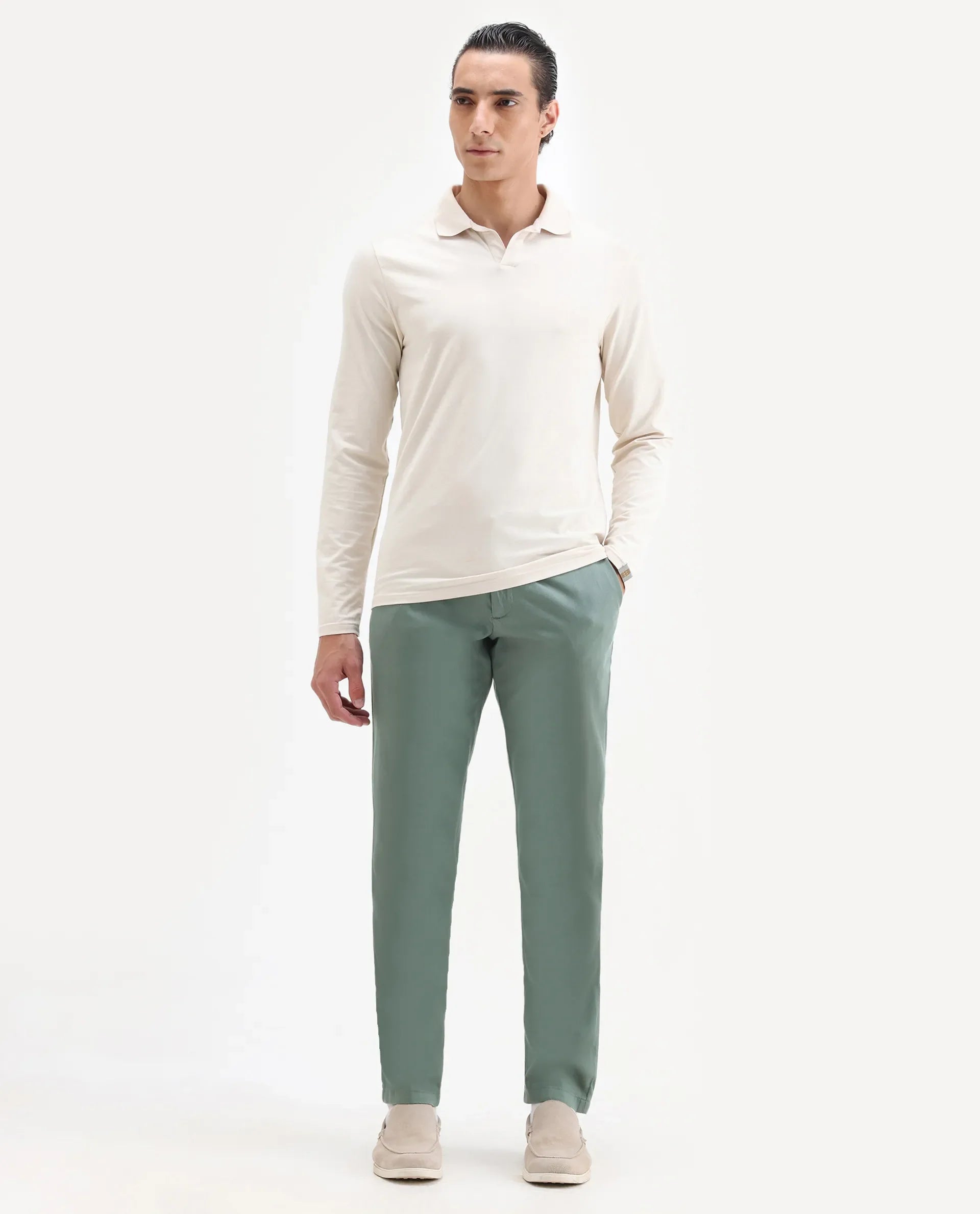 Rare Rabbit Men's Cellular Green Cotton Plain Regular Fit Trouser