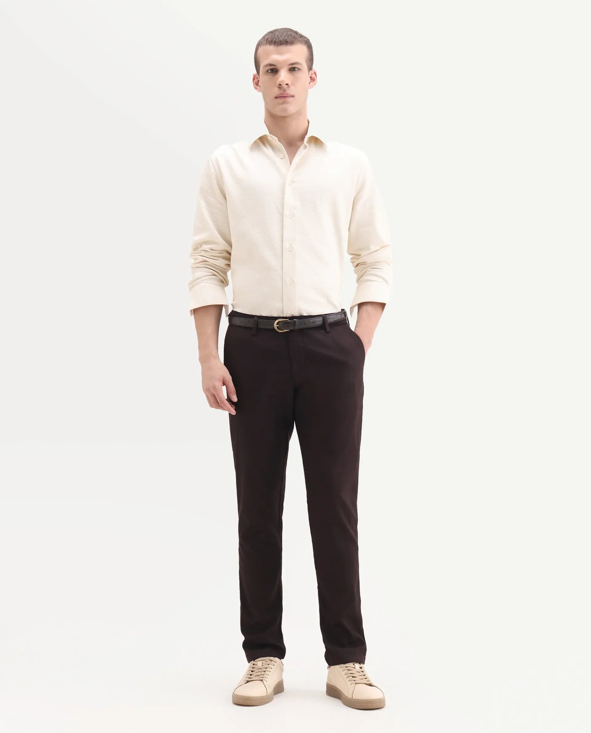 Rare Rabbit Men's Cellular Maroon Cotton Plain Regular Fit Trouser