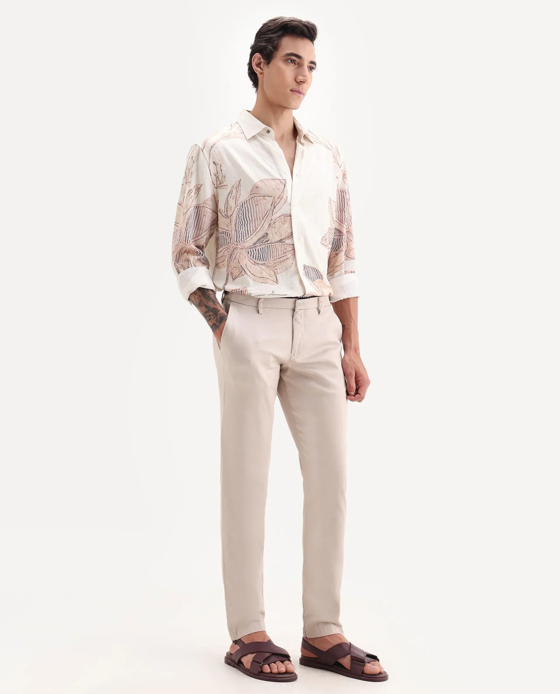 Rare Rabbit Men's Cellular Light Pink Cotton Plain Regular Fit Trouser