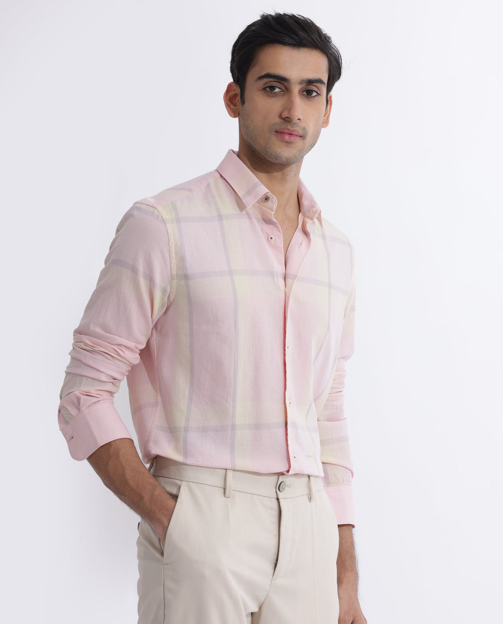 Rare Rabbit Men's Chopitn Pink Cotton Checked Print Regular Fit Full Sleeve Collared Shirt