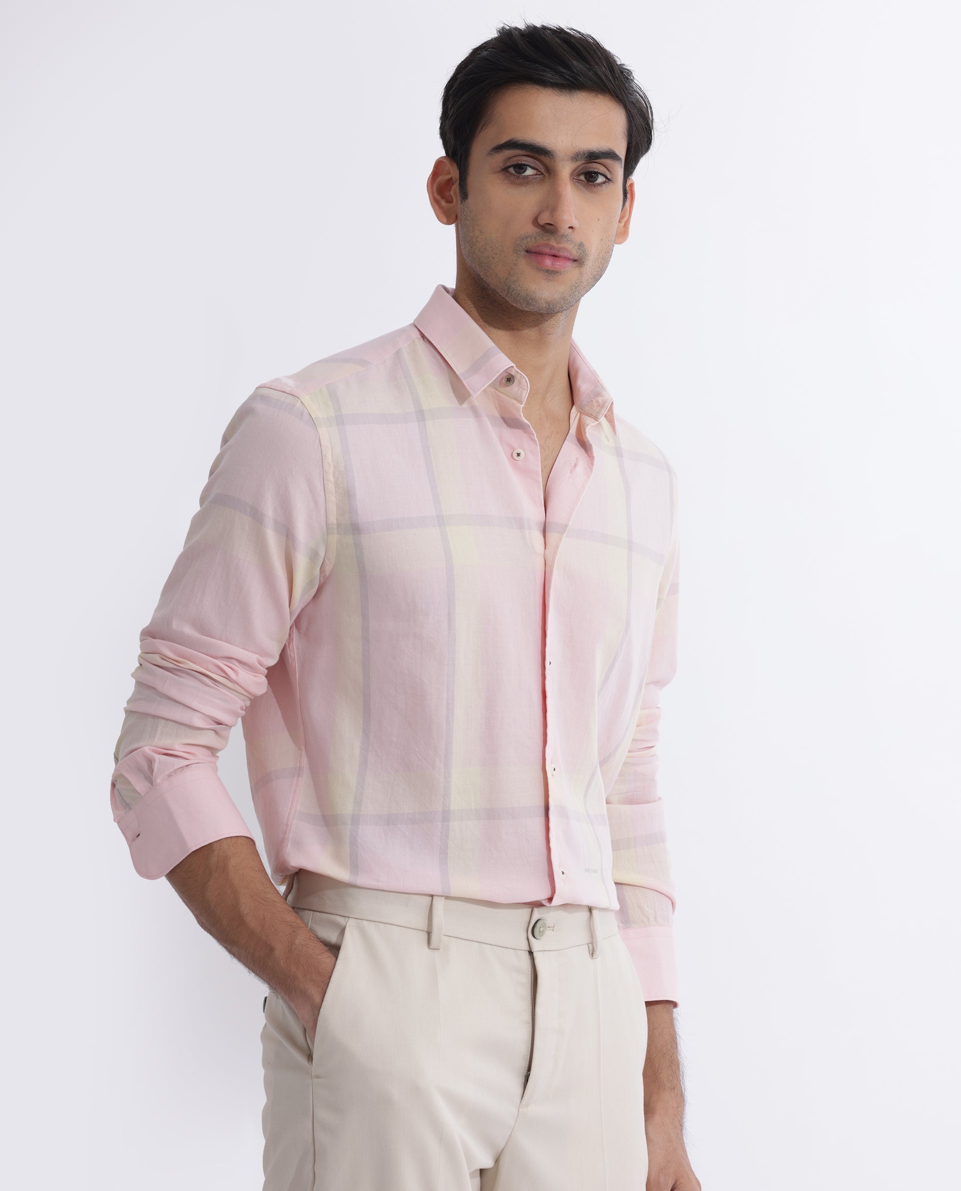 Rare Rabbit Men's Chopitn Pink Cotton Checked Print Regular Fit Full Sleeve Collared Shirt