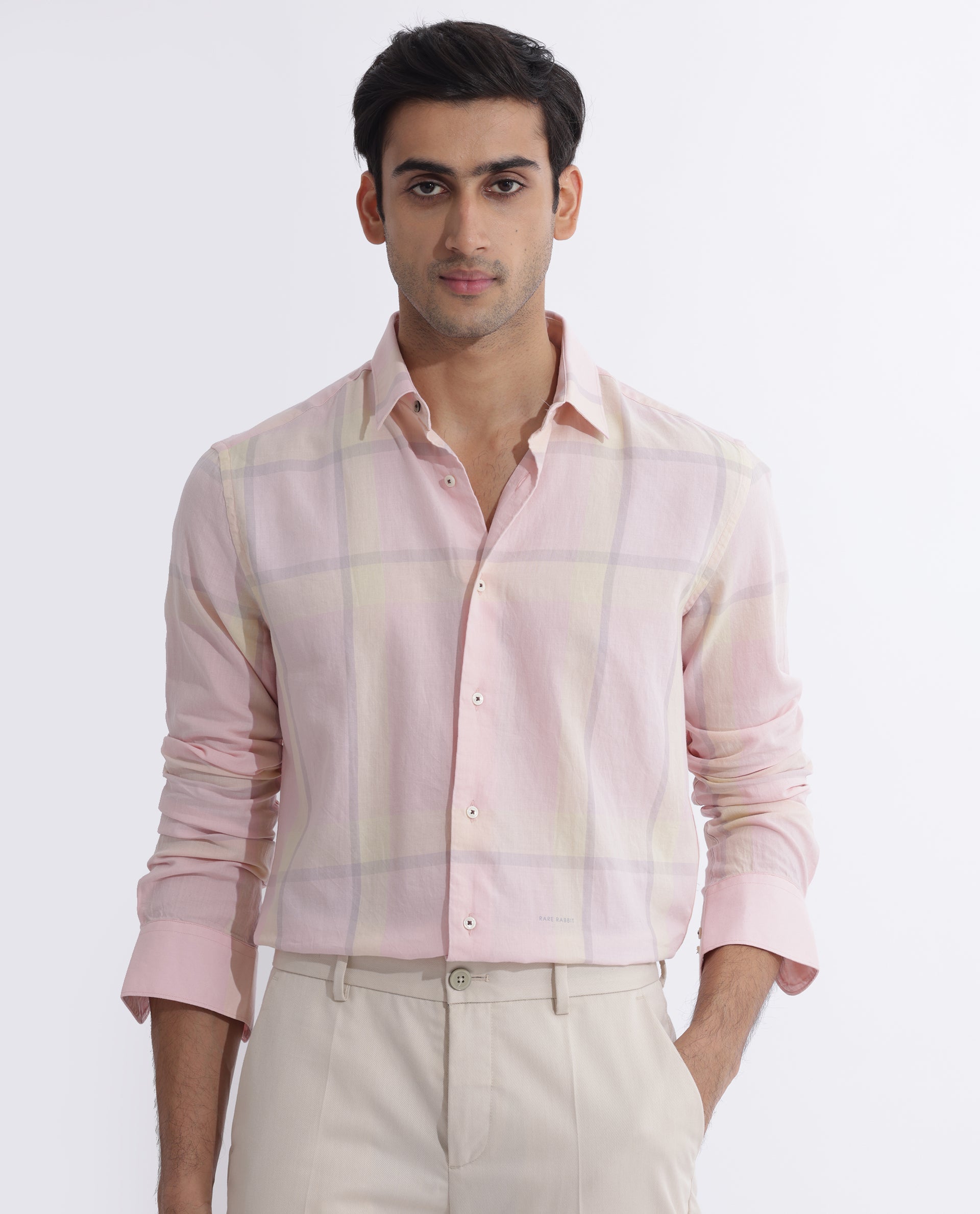 Rare Rabbit Men's Chopitn Pink Cotton Checked Print Regular Fit Full Sleeve Collared Shirt