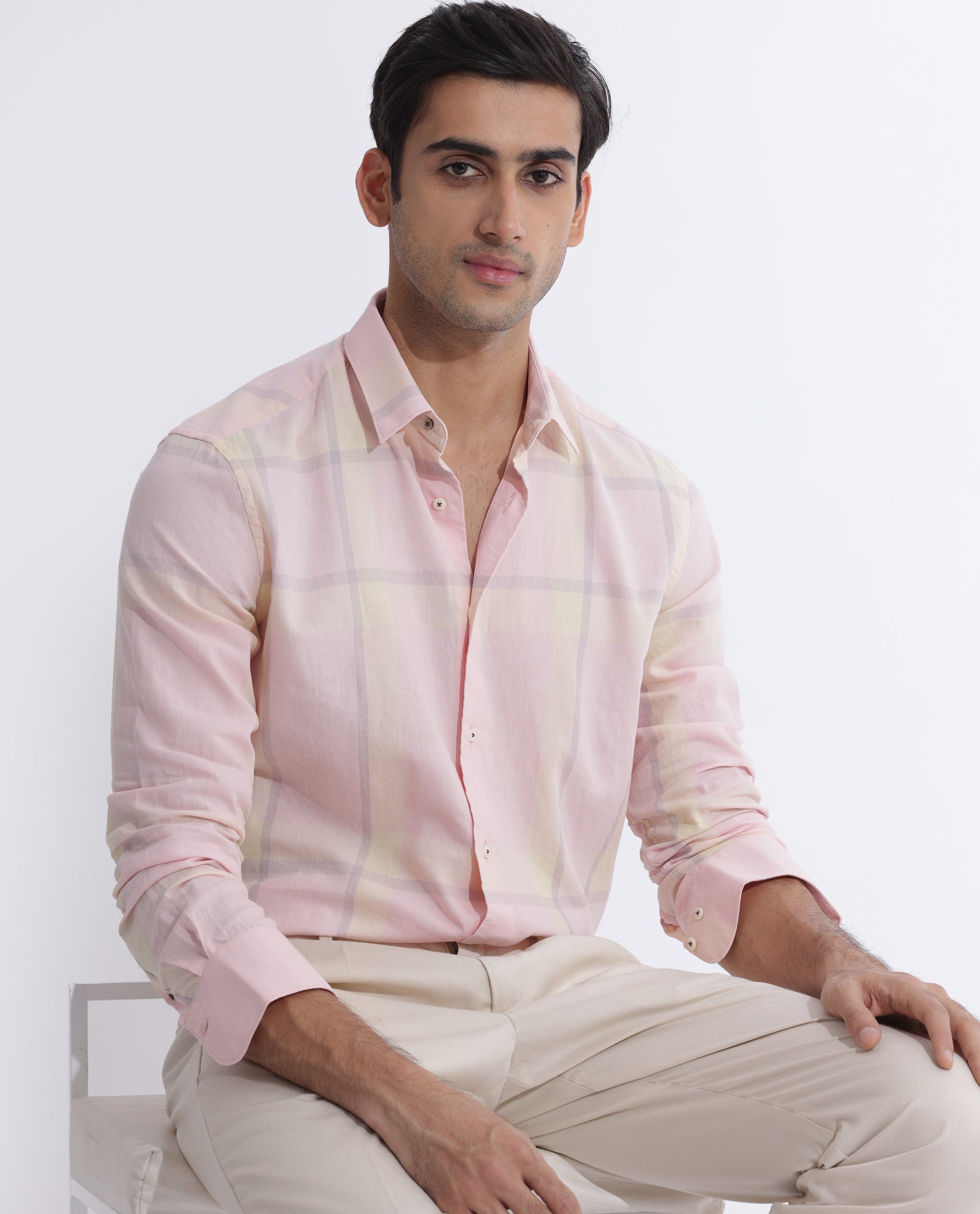 Rare Rabbit Men's Chopitn Pink Cotton Checked Print Regular Fit Full Sleeve Collared Shirt