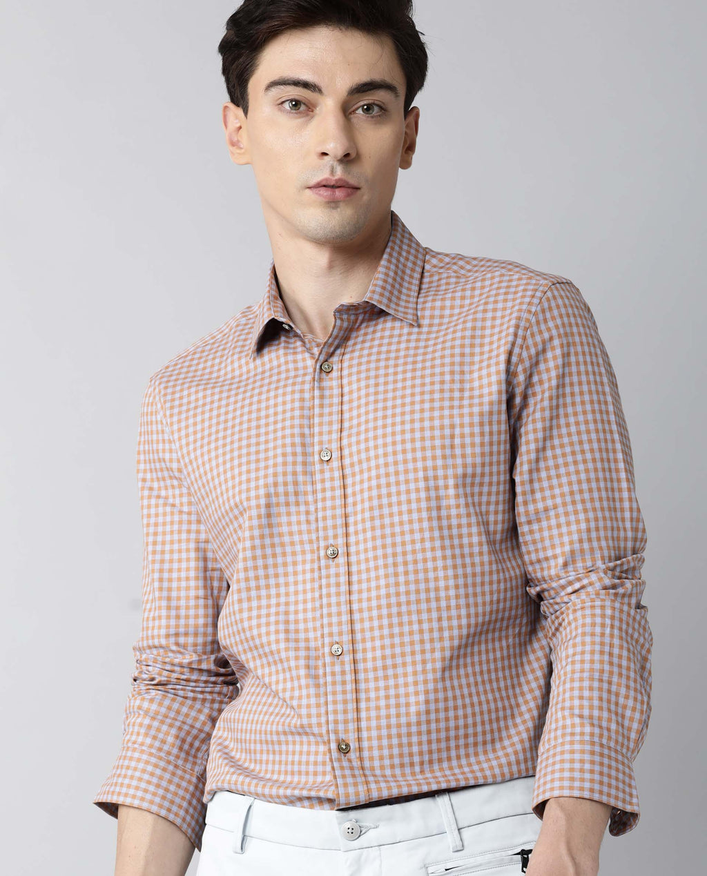 Rare Rabbit Men's Churn Mustard Cotton Checked Print Regular Fit Full Sleeve Spread Collar Shirt