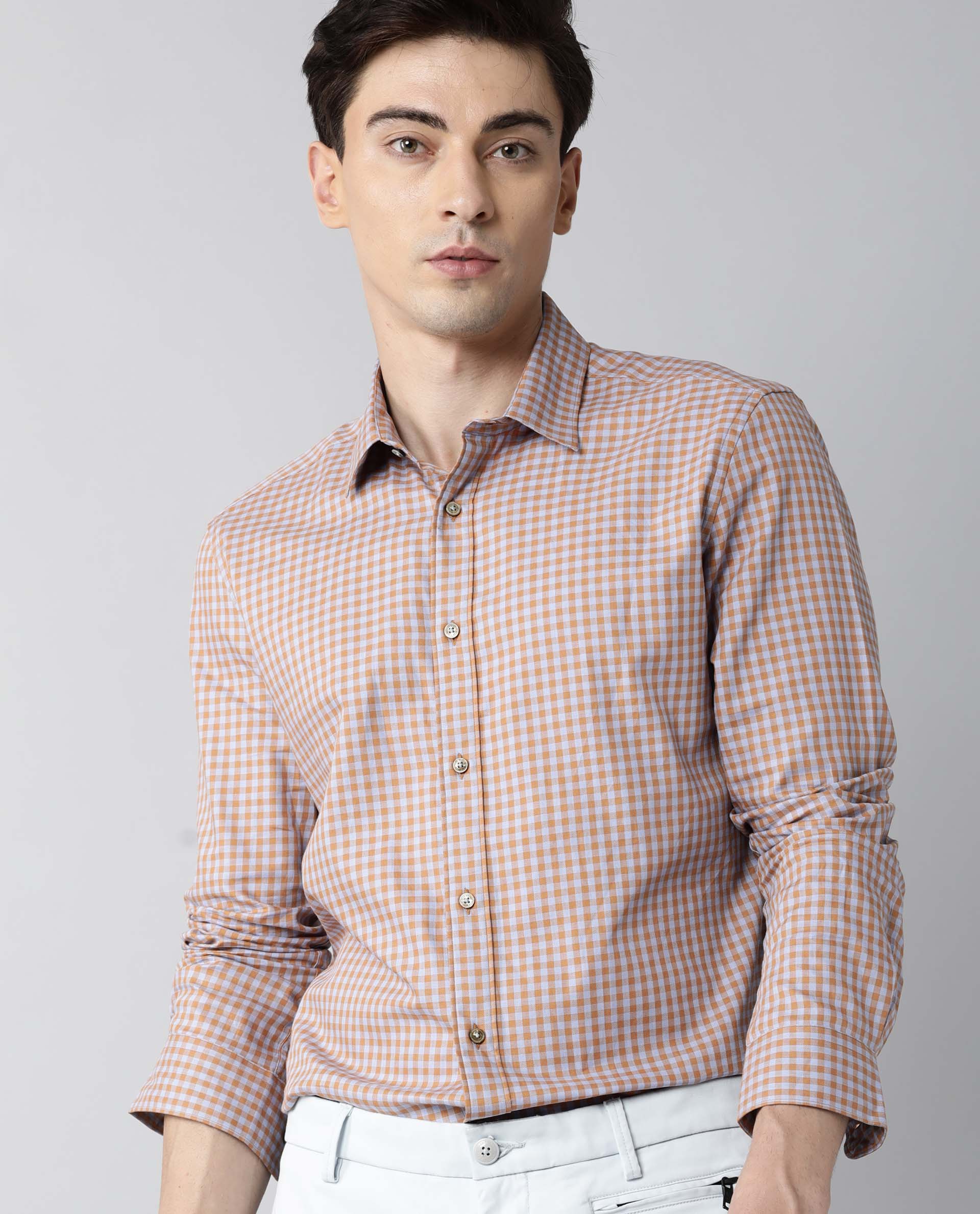 Rare Rabbit Men's Churn Mustard Cotton Checked Print Regular Fit Full Sleeve Spread Collar Shirt