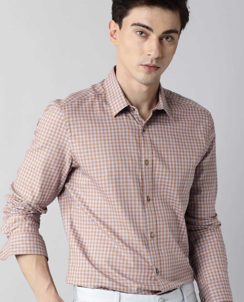 Rare Rabbit Men's Churn Mustard Cotton Checked Print Regular Fit Full Sleeve Spread Collar Shirt