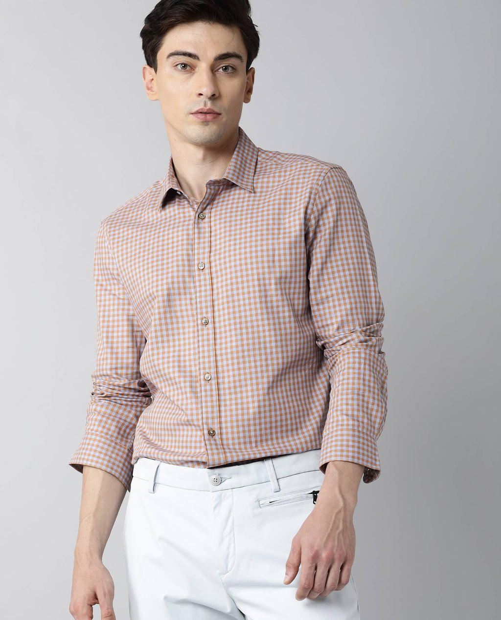 Rare Rabbit Men's Churn Mustard Cotton Checked Print Regular Fit Full Sleeve Spread Collar Shirt