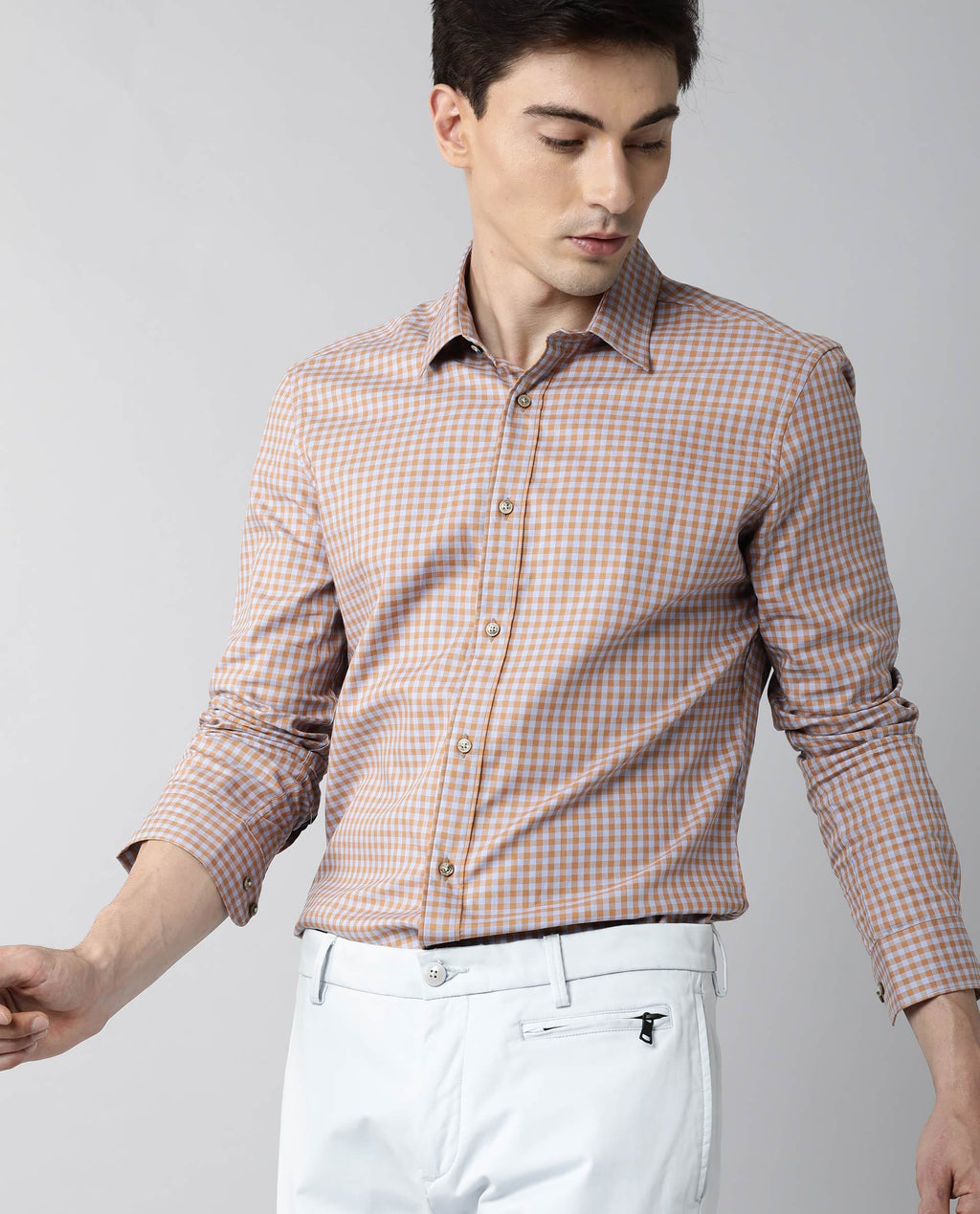 Rare Rabbit Men's Churn Mustard Cotton Checked Print Regular Fit Full Sleeve Spread Collar Shirt