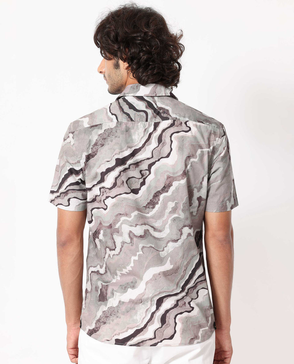 Rare Rabbit Men's Clay Beige Cotton Abstract Print Regular Fit Half Sleeve Cuban Collar Shirt