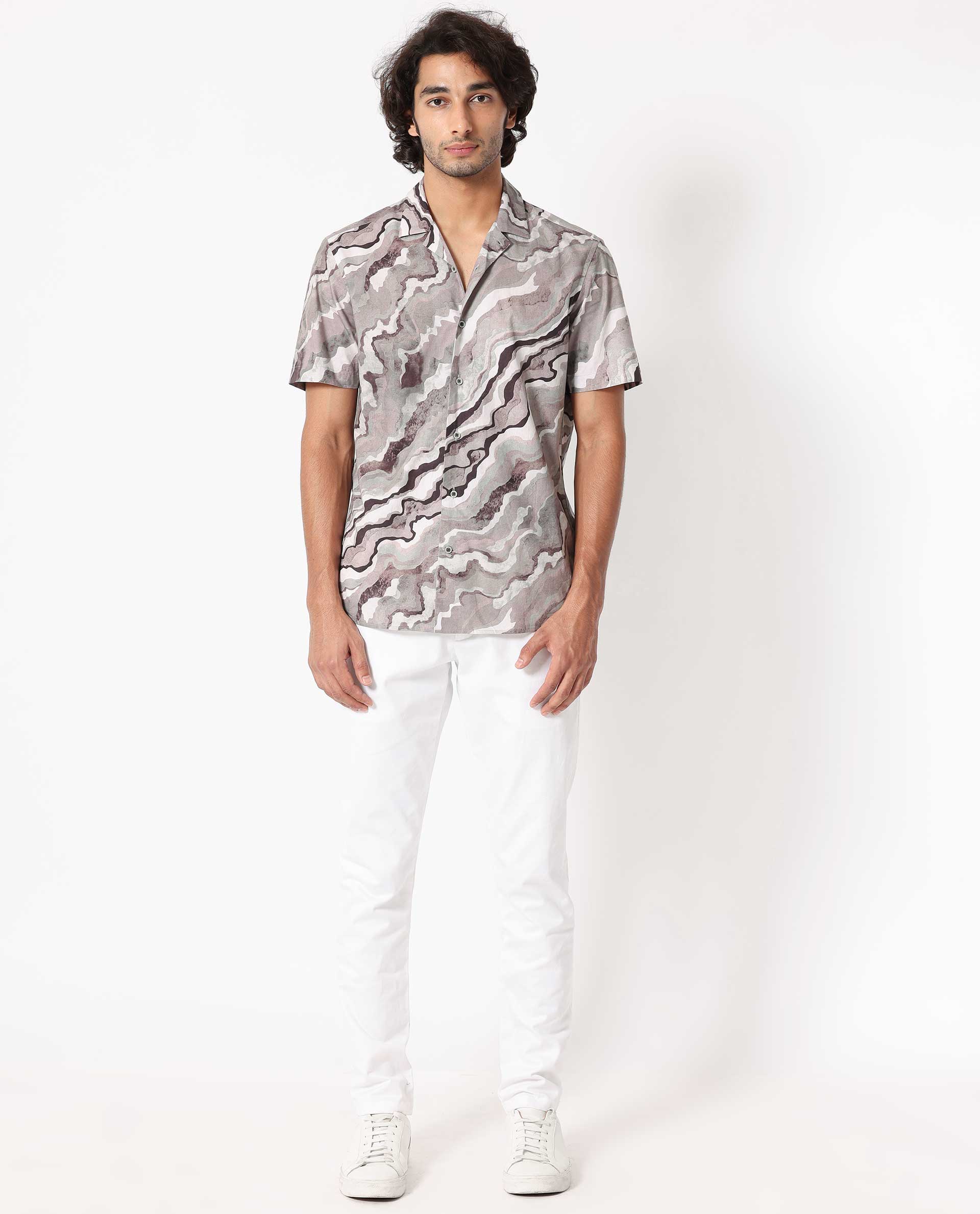 Rare Rabbit Men's Clay Beige Cotton Abstract Print Regular Fit Half Sleeve Cuban Collar Shirt
