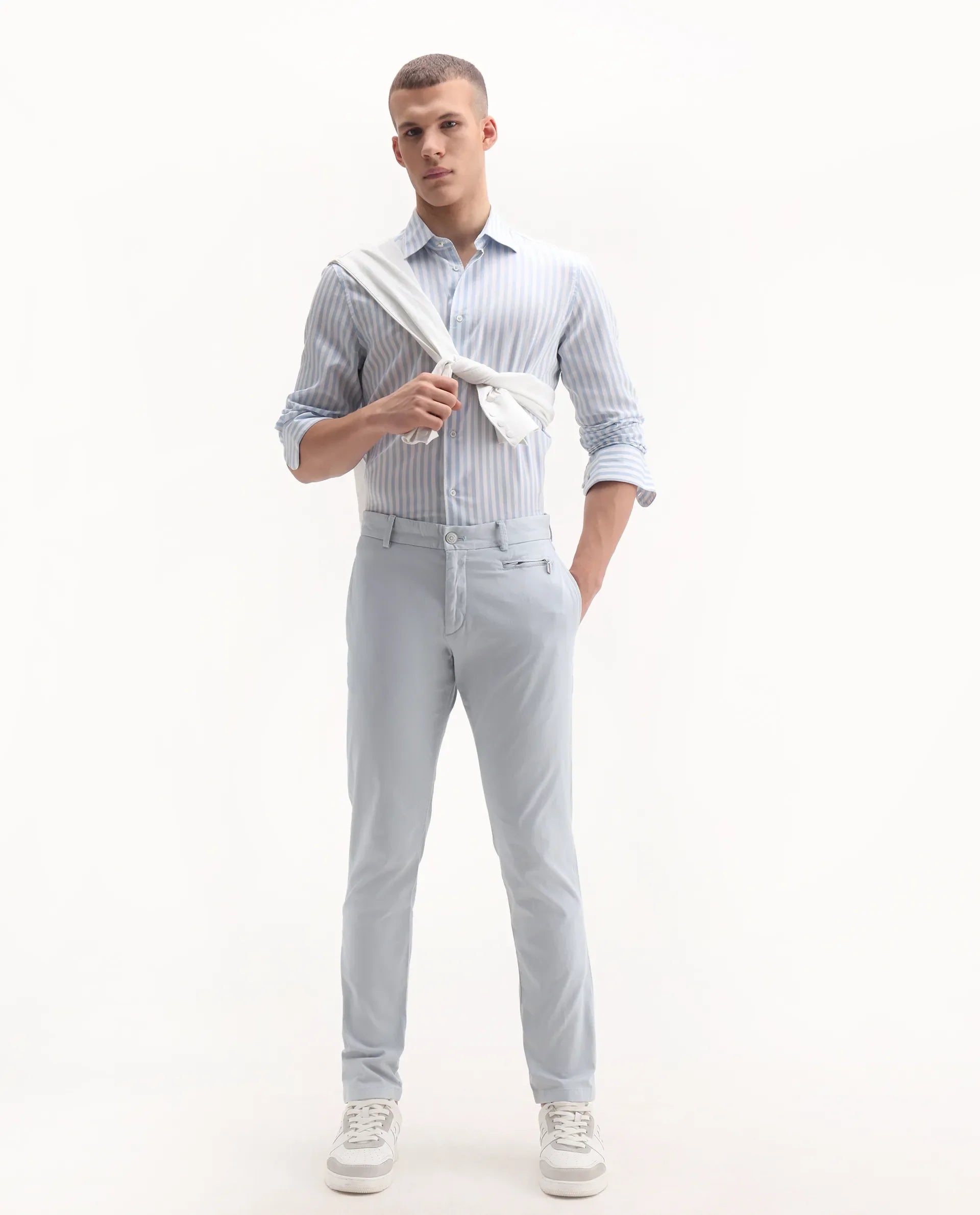Rare Rabbit Men's Clovet Light Blue Cotton Plain Regular Fit Trouser