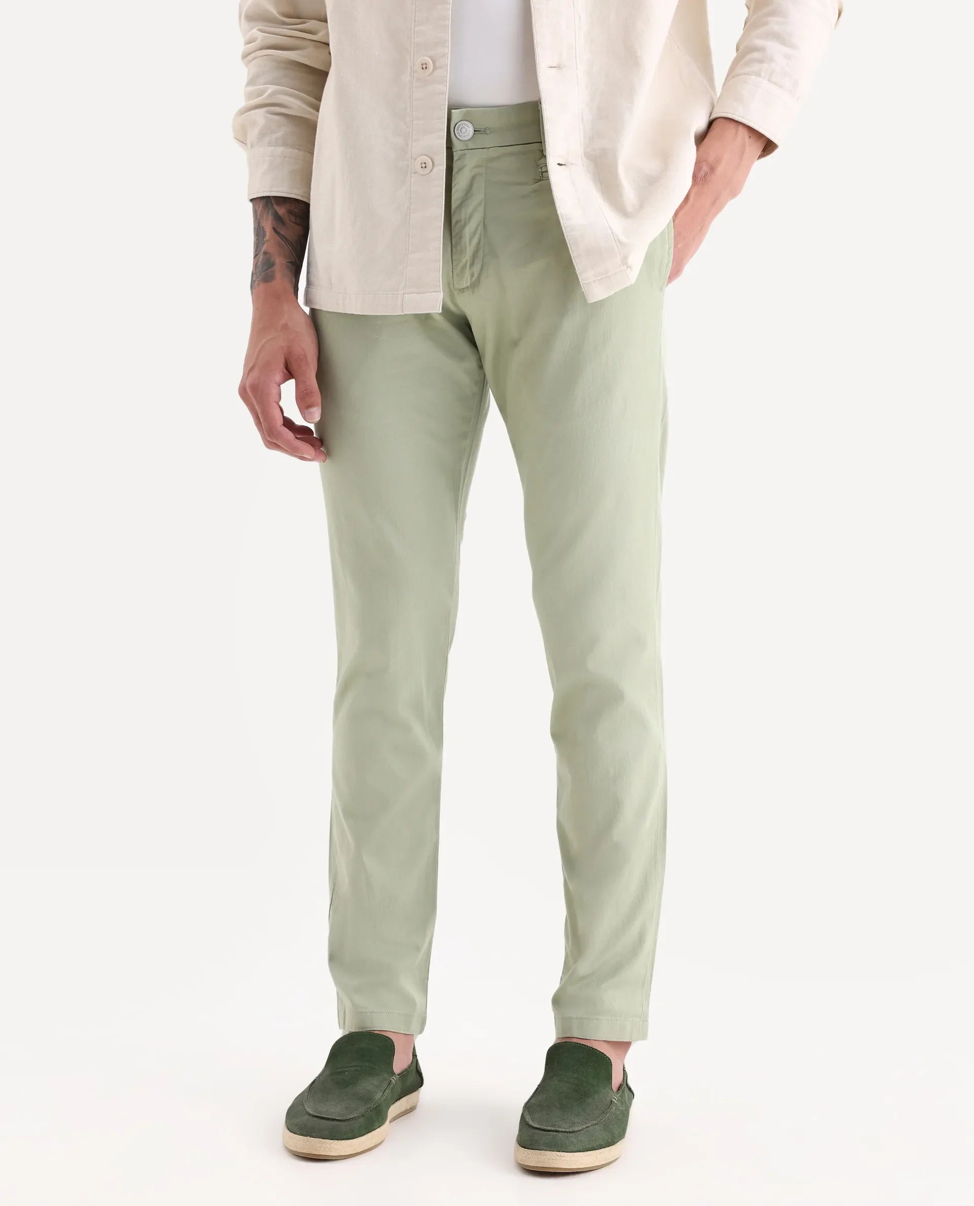 Rare Rabbit Men's Clovet Pastel Green Cotton Plain Regular Fit Trouser