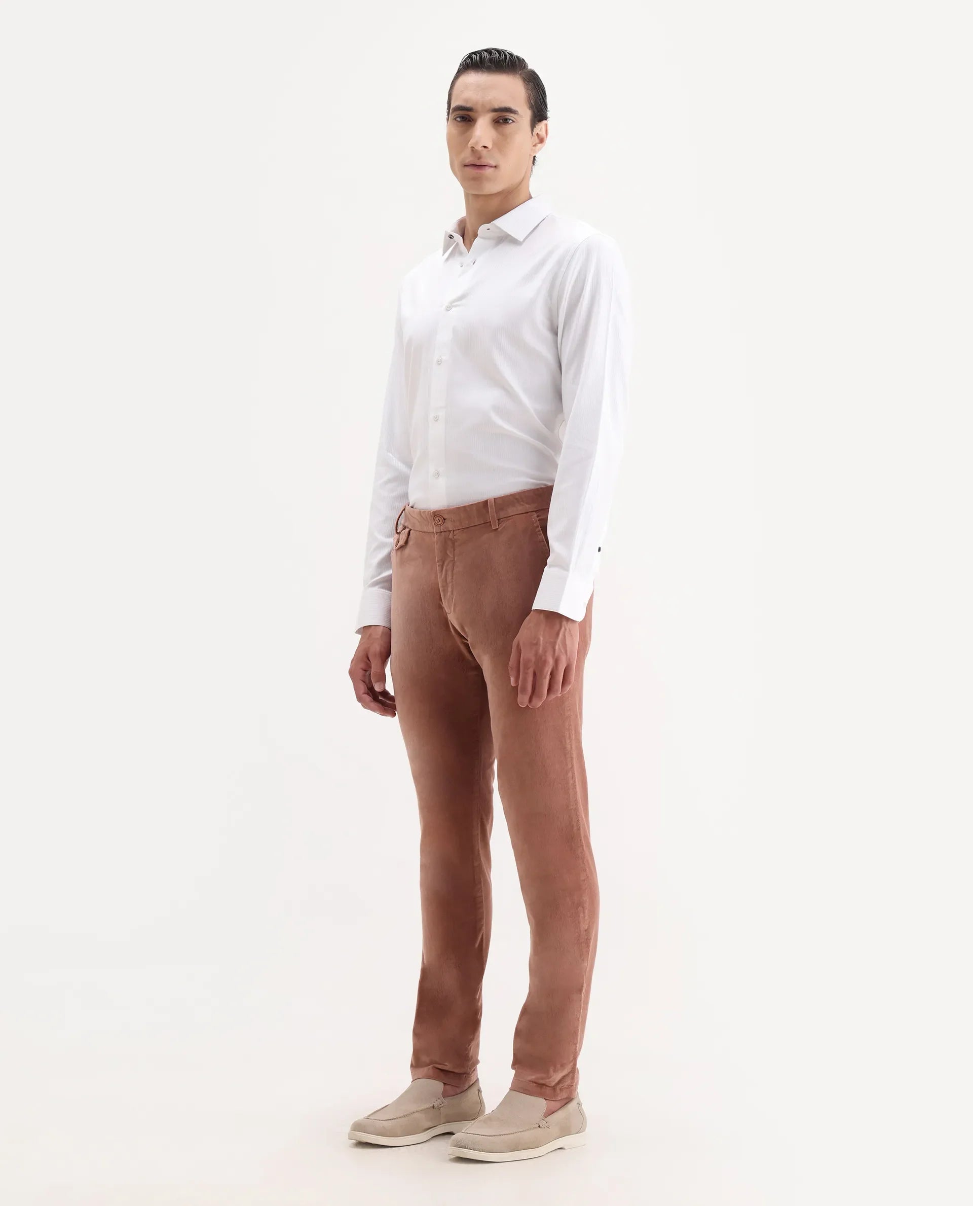 Rare Rabbit Men's Cloy Pink Velvet Plain Regular Fit Trouser