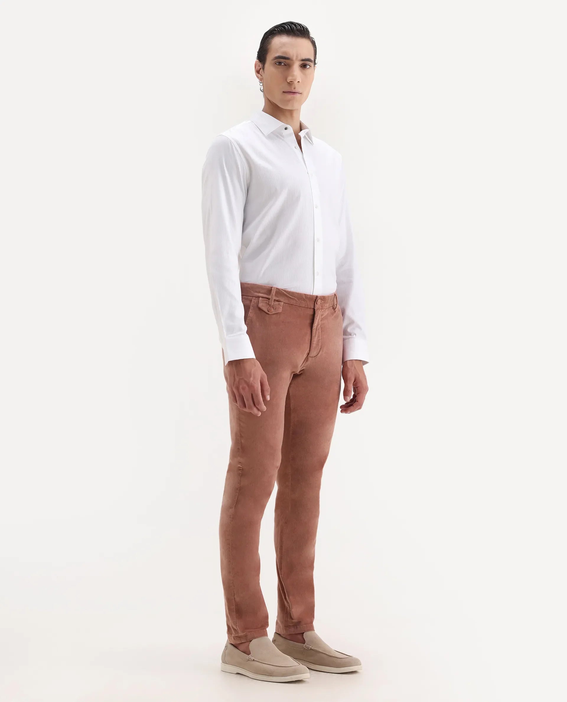 Rare Rabbit Men's Cloy Pink Velvet Plain Regular Fit Trouser