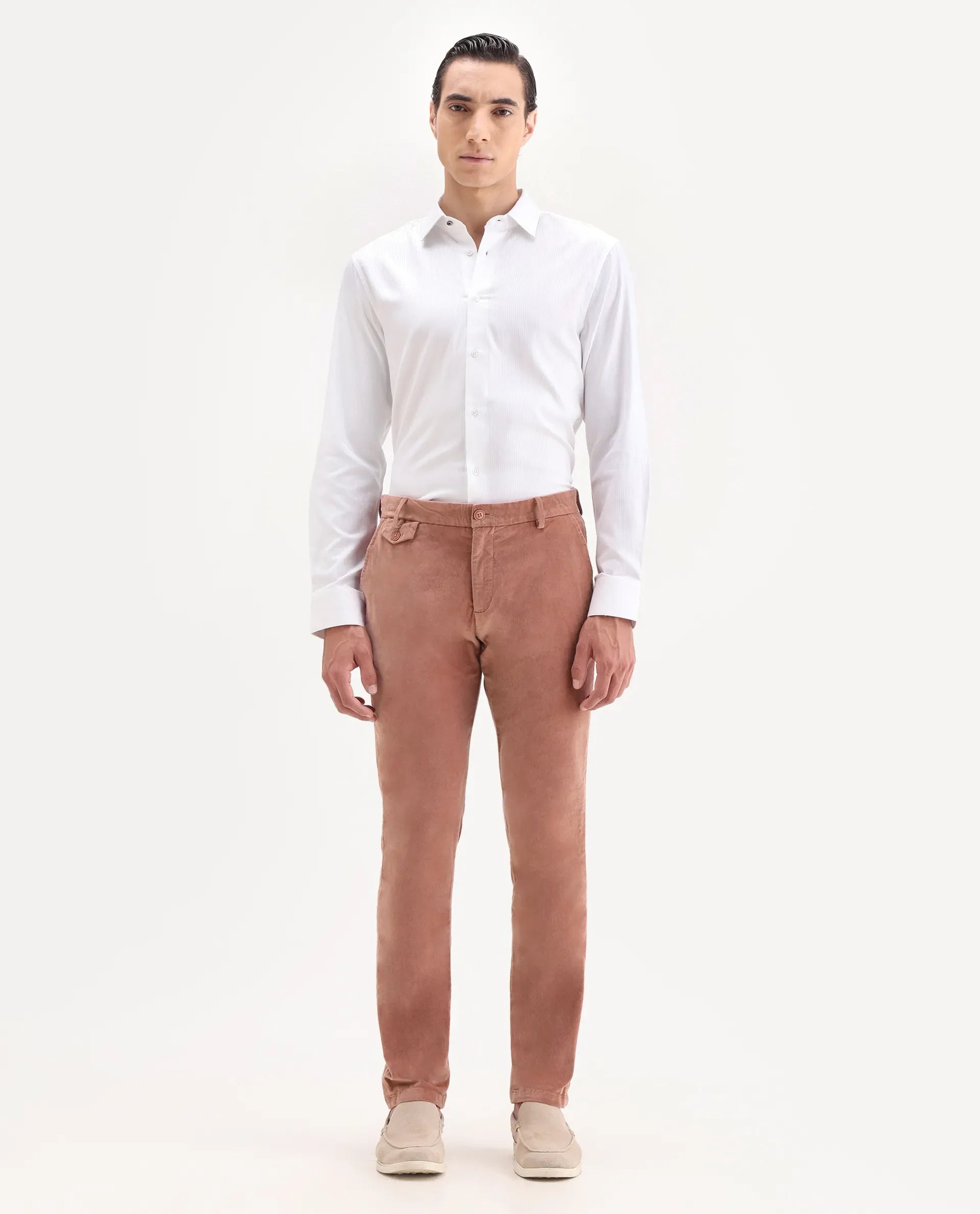 Rare Rabbit Men's Cloy Pink Velvet Plain Regular Fit Trouser