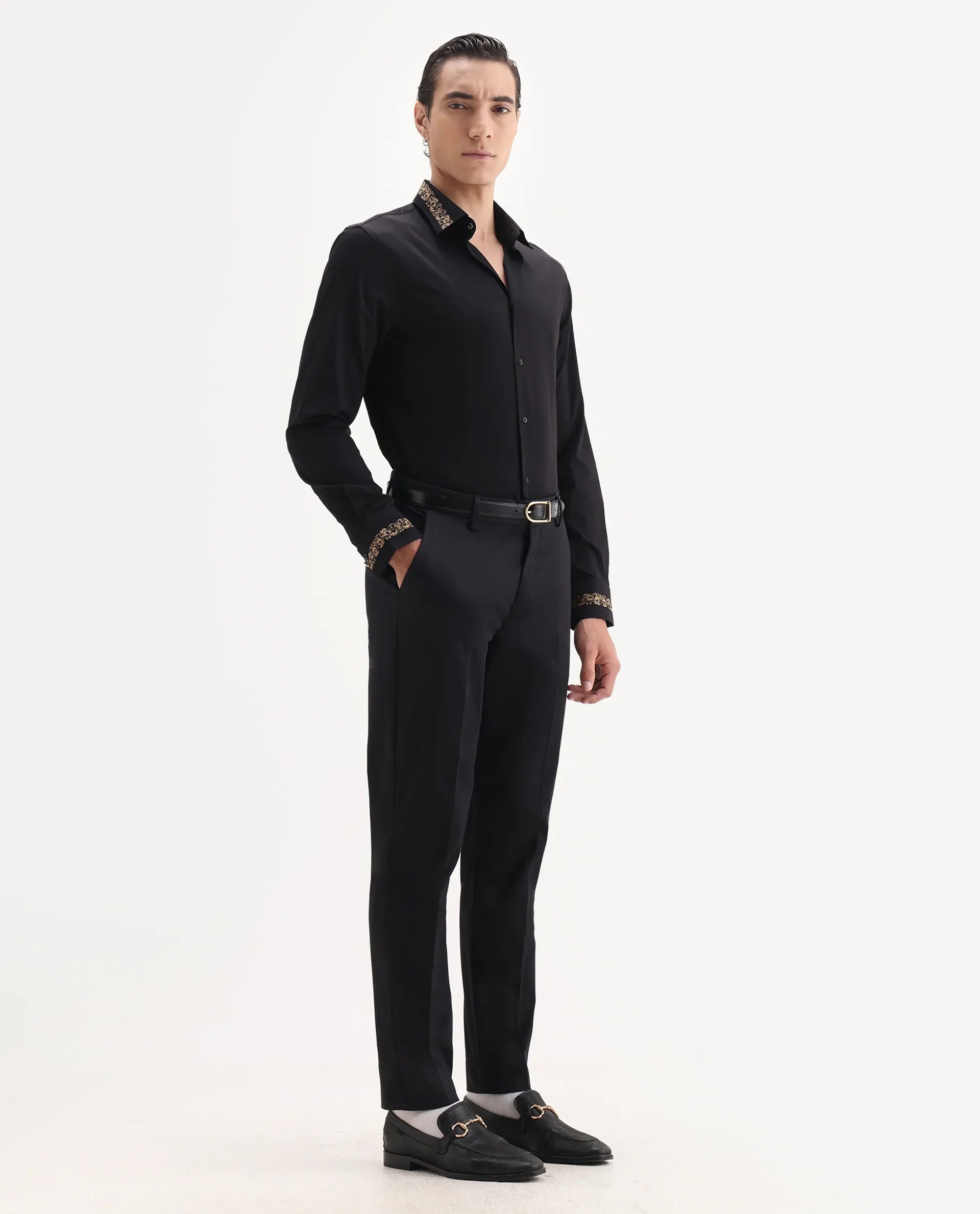 Rare Rabbit Men's Comotel Black Cotton Blend Plain Regular Fit Trouser