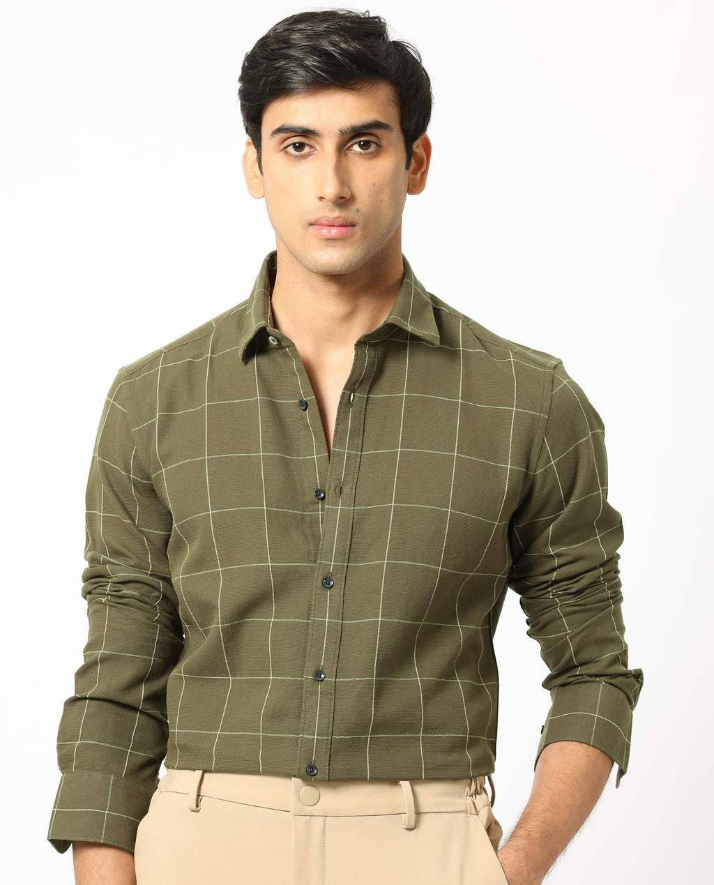 Rare Rabbit Men's Corneto- Olive Cotton Checked Print Regular Fit Full Sleeve Collared Shirt