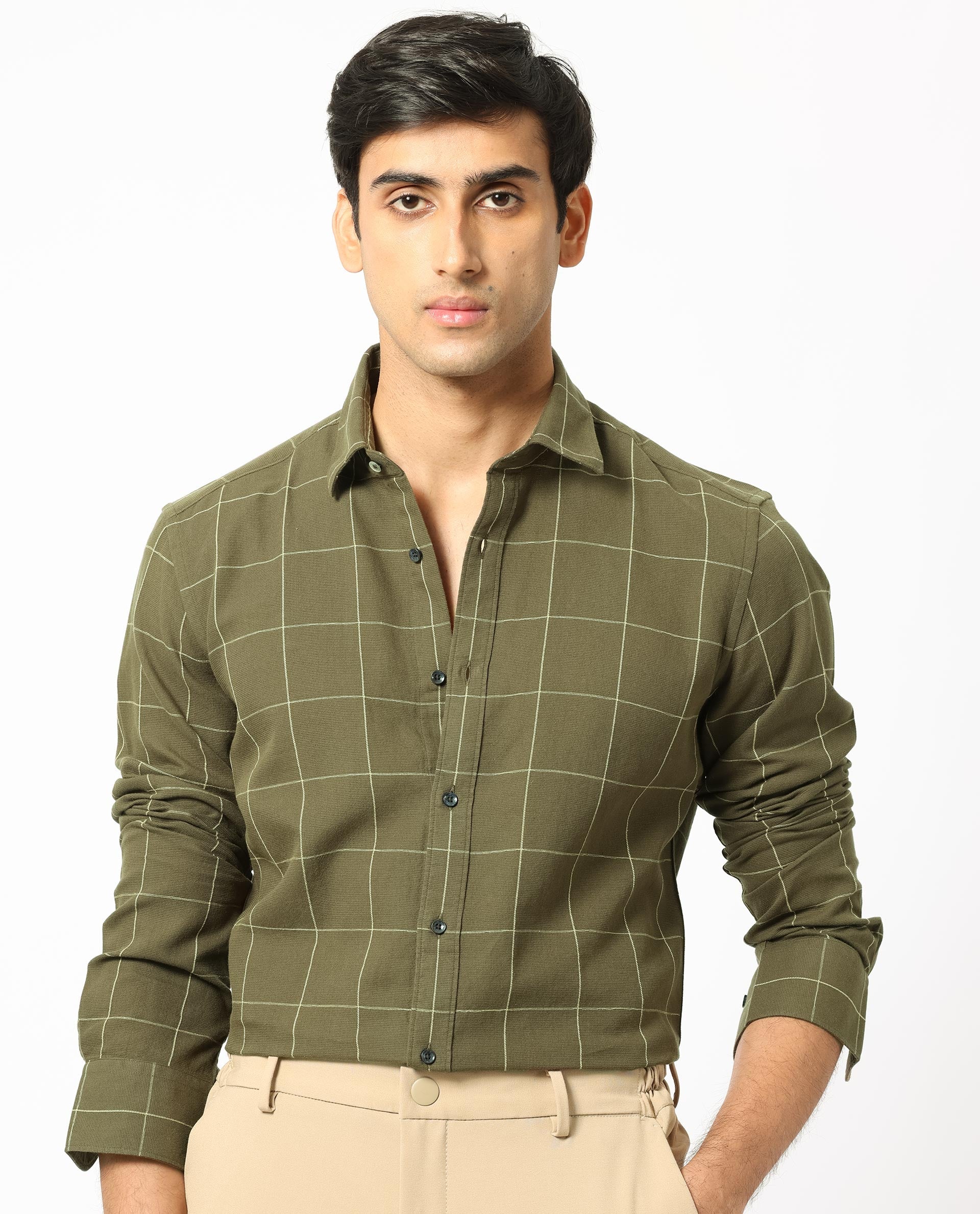 Rare Rabbit Men's Corneto- Olive Cotton Checked Print Regular Fit Full Sleeve Collared Shirt