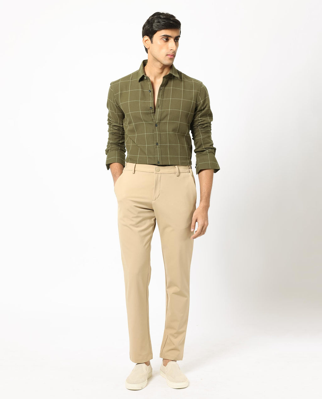 Rare Rabbit Men's Corneto- Olive Cotton Checked Print Regular Fit Full Sleeve Collared Shirt