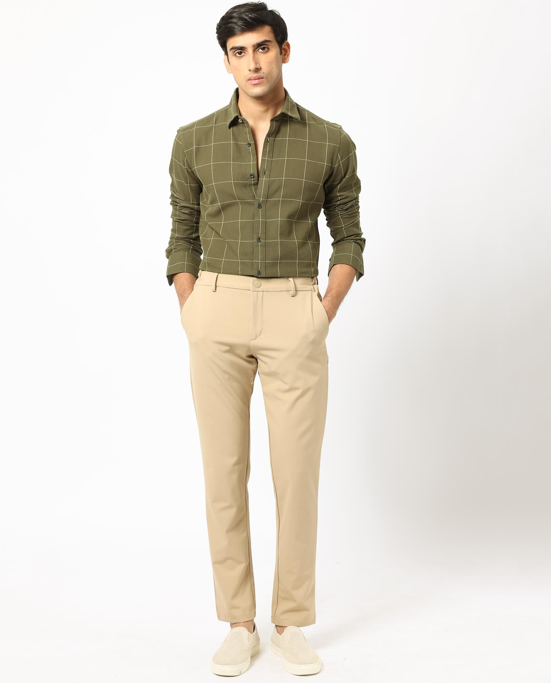 Rare Rabbit Men's Corneto- Olive Cotton Checked Print Regular Fit Full Sleeve Collared Shirt