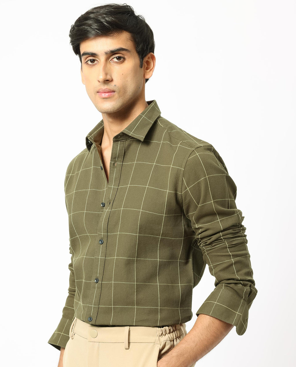 Rare Rabbit Men's Corneto- Olive Cotton Checked Print Regular Fit Full Sleeve Collared Shirt