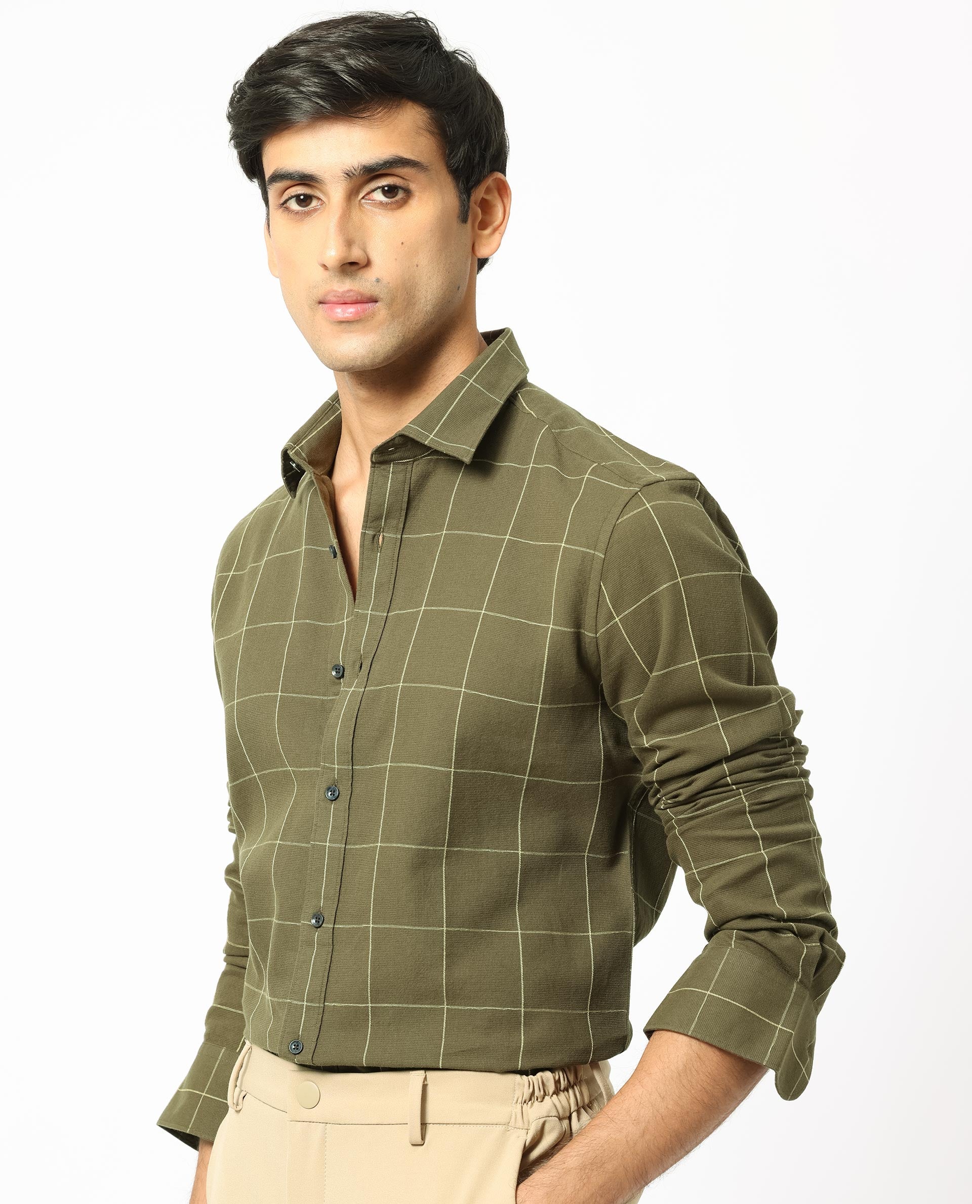 Rare Rabbit Men's Corneto- Olive Cotton Checked Print Regular Fit Full Sleeve Collared Shirt