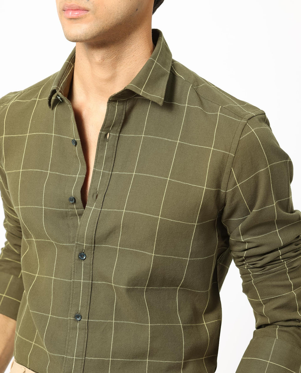 Rare Rabbit Men's Corneto- Olive Cotton Checked Print Regular Fit Full Sleeve Collared Shirt