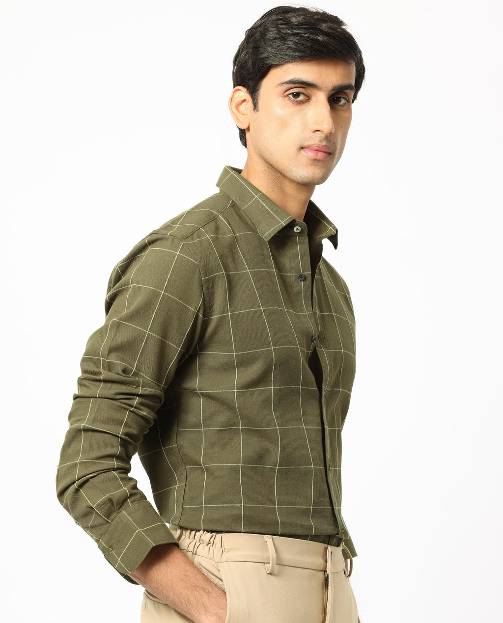 Rare Rabbit Men's Corneto- Olive Cotton Checked Print Regular Fit Full Sleeve Collared Shirt