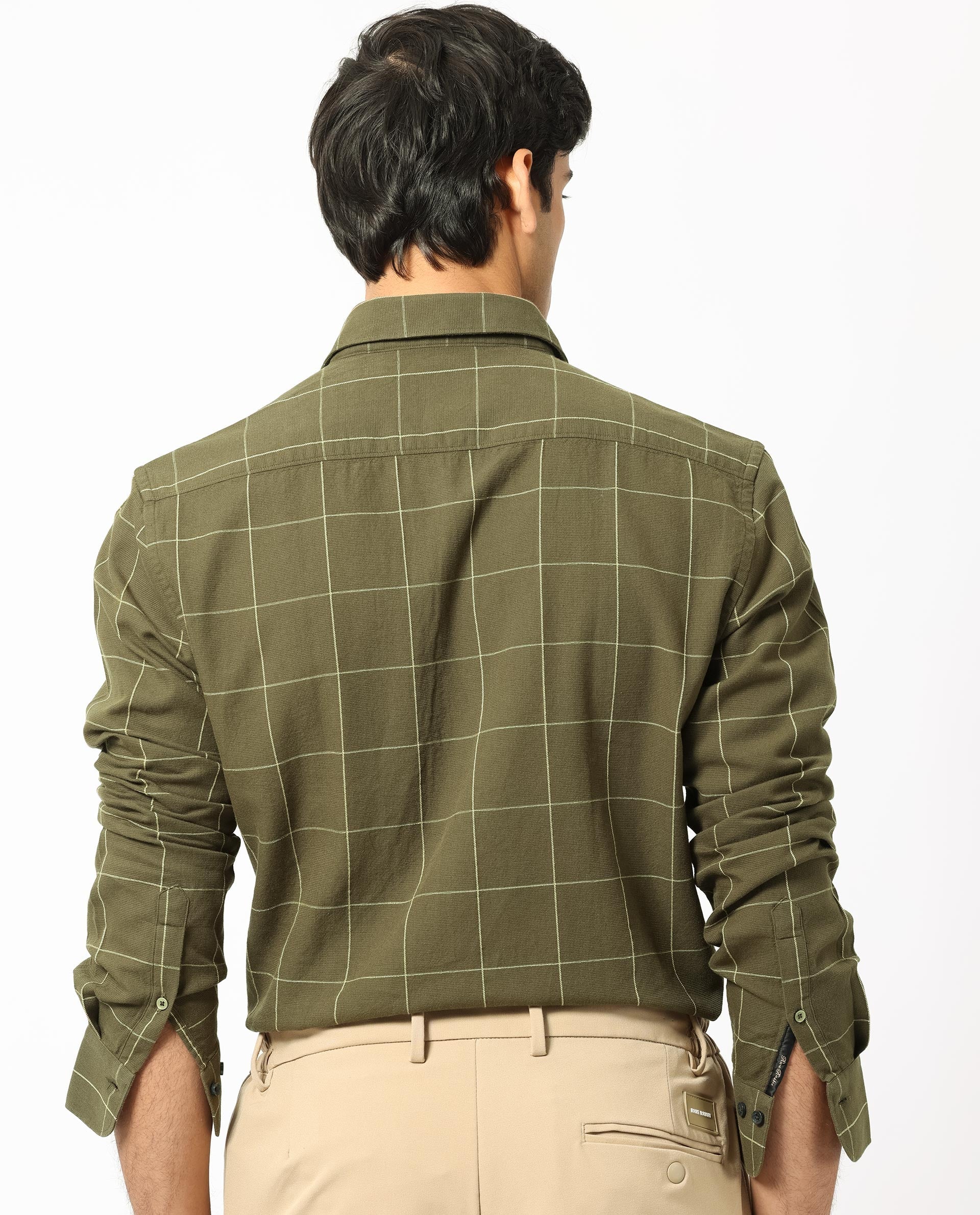 Rare Rabbit Men's Corneto- Olive Cotton Checked Print Regular Fit Full Sleeve Collared Shirt