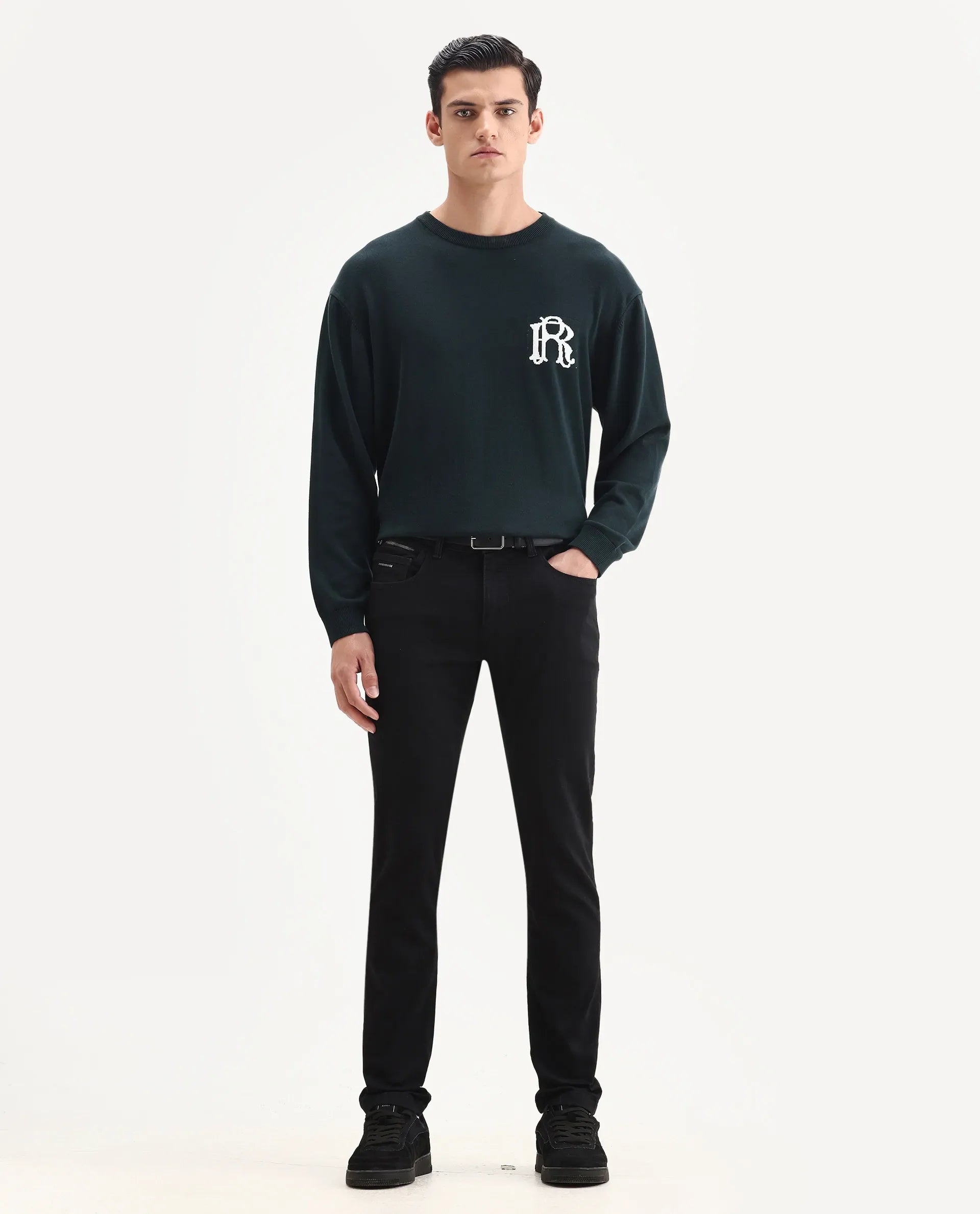 Rare Rabbit Men's Corvo Black Cotton Blend Plain Hawk Slim Fit Jeans