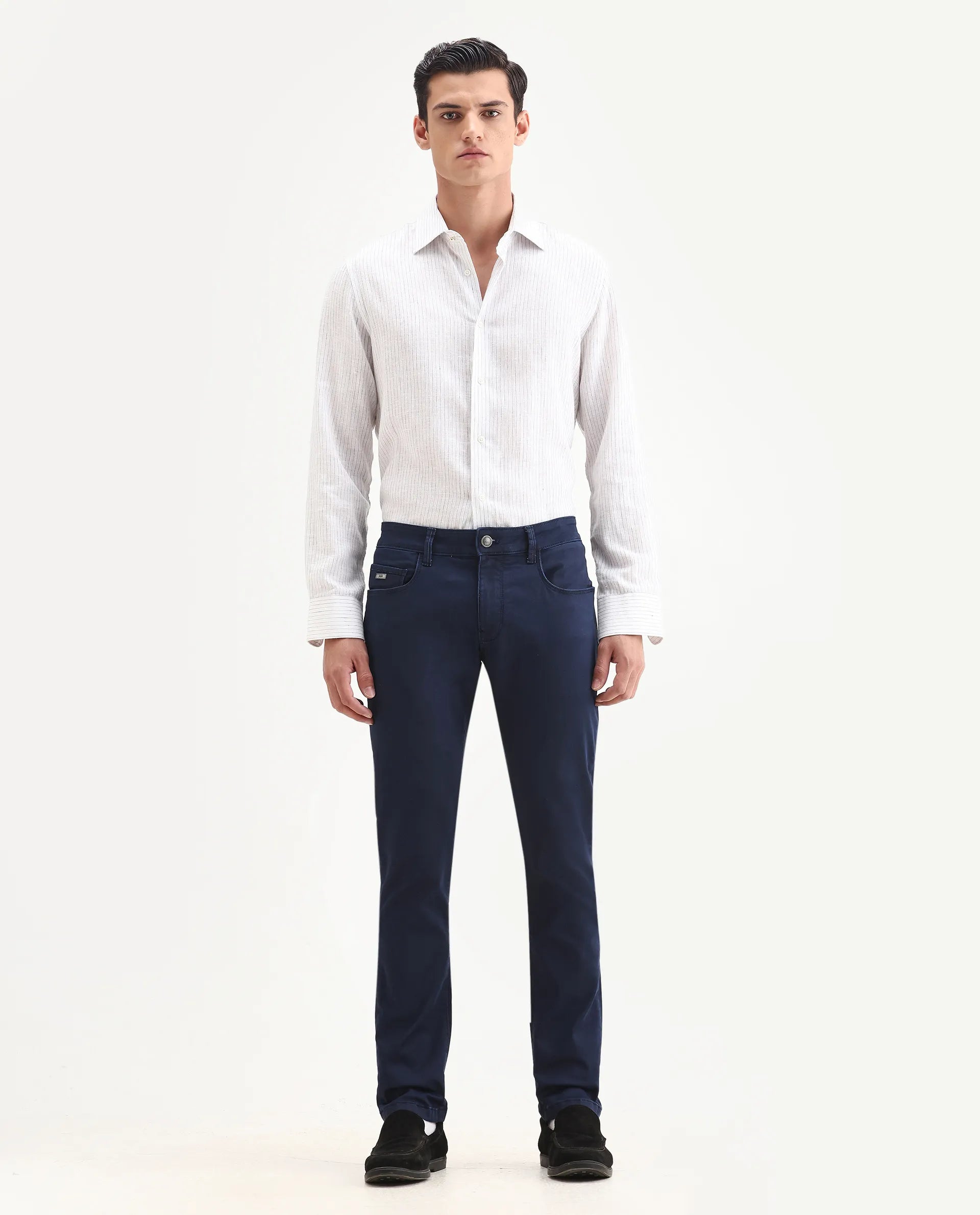 Rare Rabbit Men's Corvo Blue Cotton Blend Plain Hawk Slim Fit Jeans