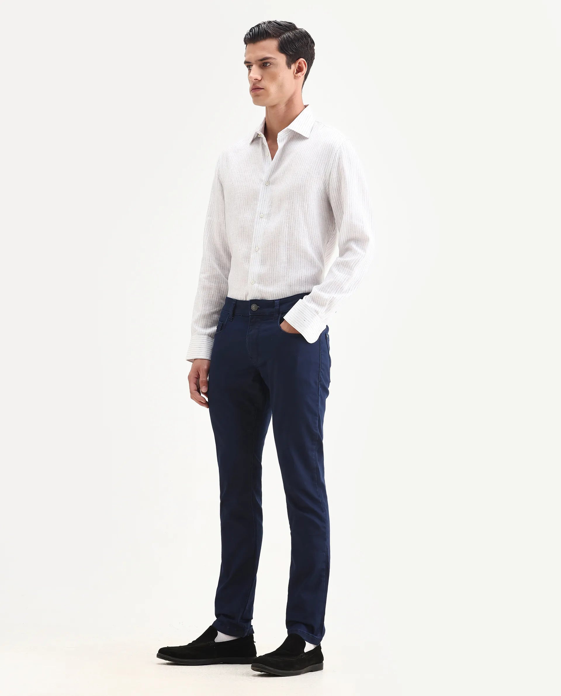 Rare Rabbit Men's Corvo Blue Cotton Blend Plain Hawk Slim Fit Jeans