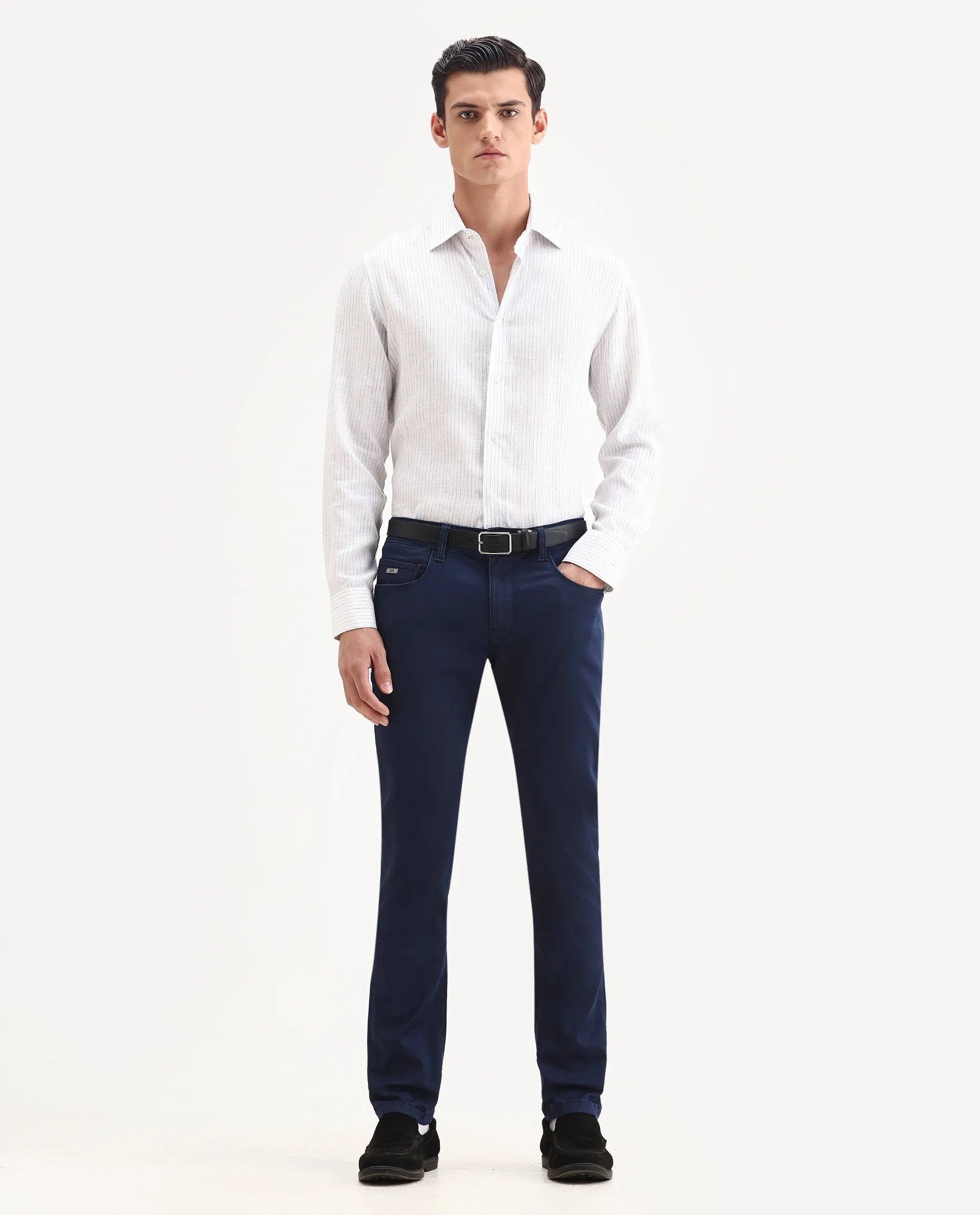Rare Rabbit Men's Corvo Blue Cotton Blend Plain Hawk Slim Fit Jeans