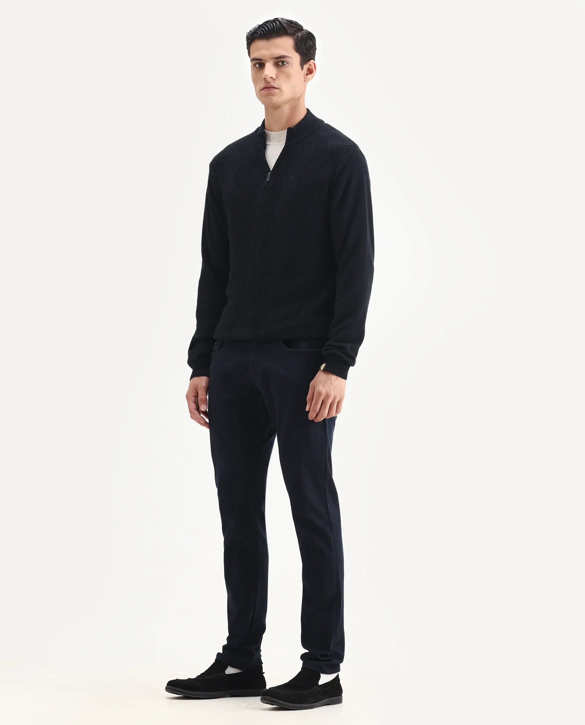 Rare Rabbit Men's Corvo Navy Cotton Blend Plain Hawk Slim Fit Jeans